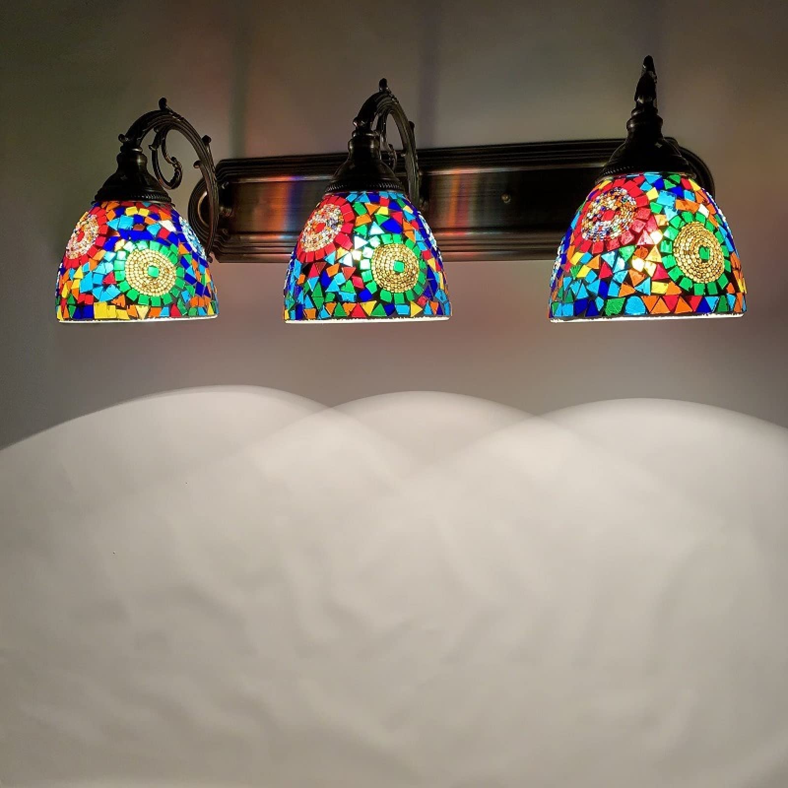 Handcrafted Mediterranean Vanity Light with Mosaic Glass - 3-Light Wall Sconce for Restaurant, Hotel, Bar & Cafe - Vintage Wall Mounted Lantern for Living Room, Bedroom & Bathroom - Perfect for Ambient Lighting in Dining Areas & Bedside Reading
