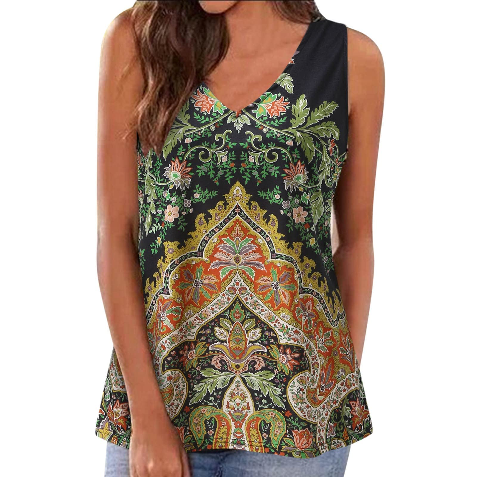 Women's Sleeveless V-Neck Boho Print Casual Top - Summer Vest Shirt for Women - Perfect for Beach Outings, Music Festivals & Boho Chic Style