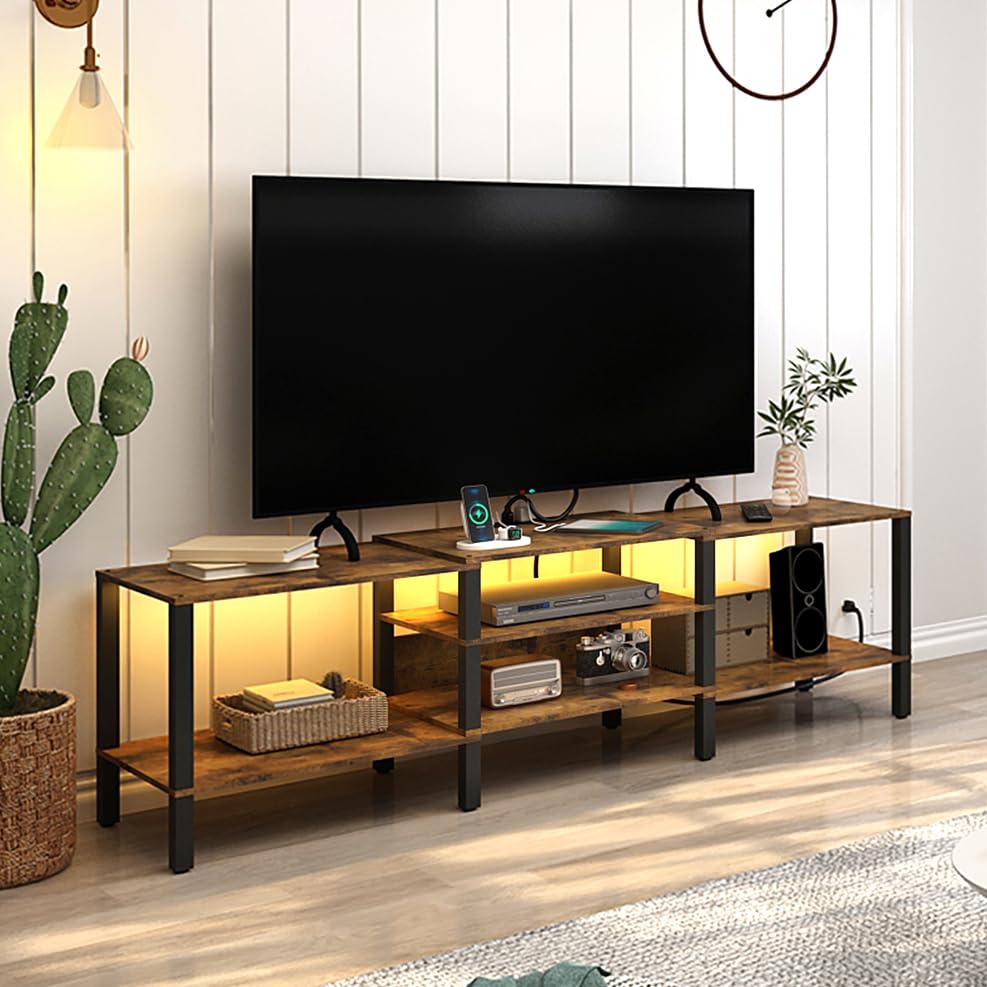 Industrial Rustic Brown Wood TV Stand with Power Outlet - 45/55/65/75 Inch LED TV Media Console & Entertainment Center for Living Room - Perfect for Home Theater Setup & Modern Living Spaces