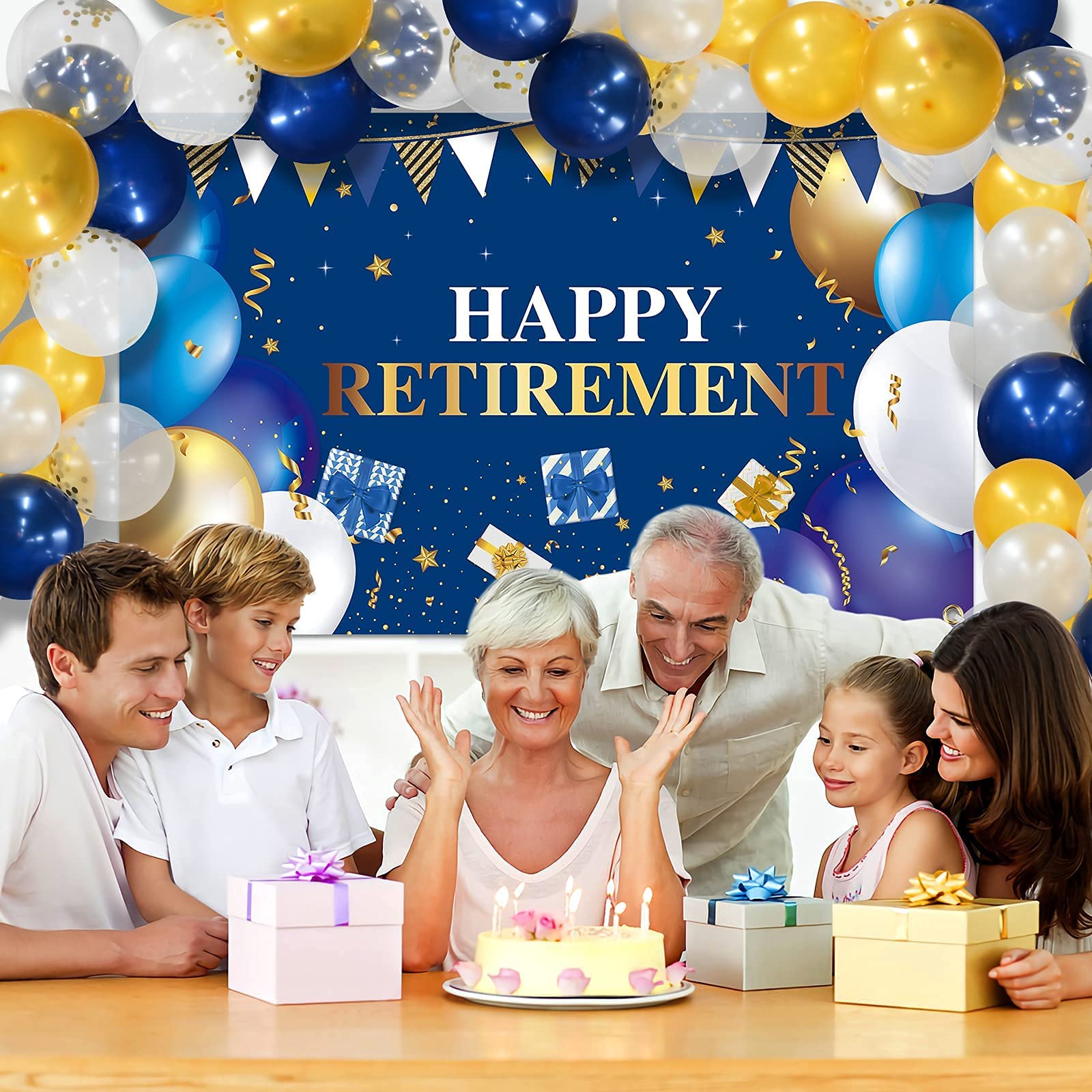 81 Pieces Navy Blue and Gold Retirement Party Decorations Kit - Includes 80 Pieces 12'' Balloons & 1 Large Happy Retirement Backdrop Banner - Perfect Retirement Party Supplies for Women & Men - Ideal for Office Celebrations, Farewell Parties & Milestone Events