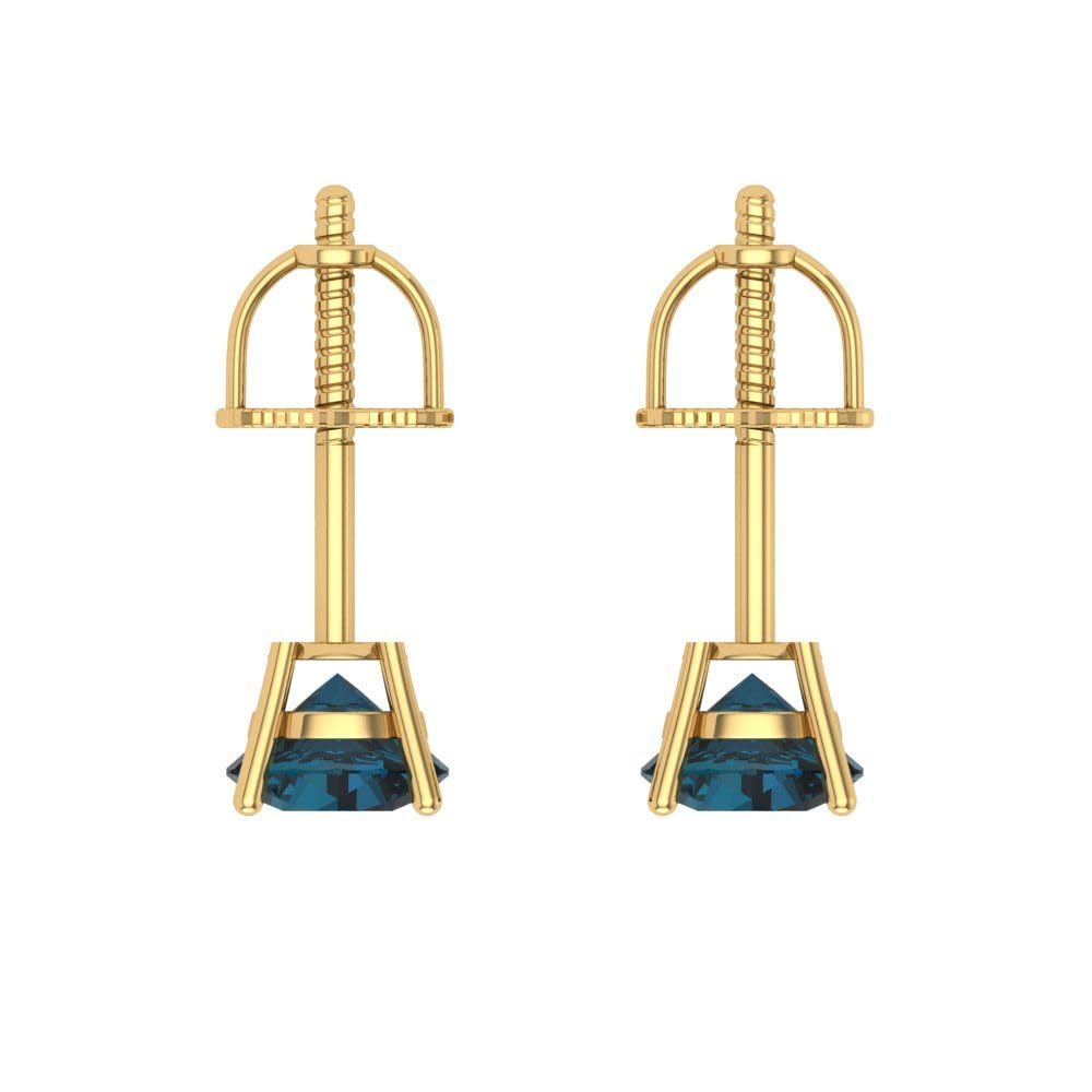 0.50 Carat Round Cut Natural London Blue Topaz Stud Earrings in 14K Yellow Gold, Screw Back - Solitaire Conflict-Free Gemstone Jewelry for Women, Perfect for Weddings, Parties & Everyday Wear