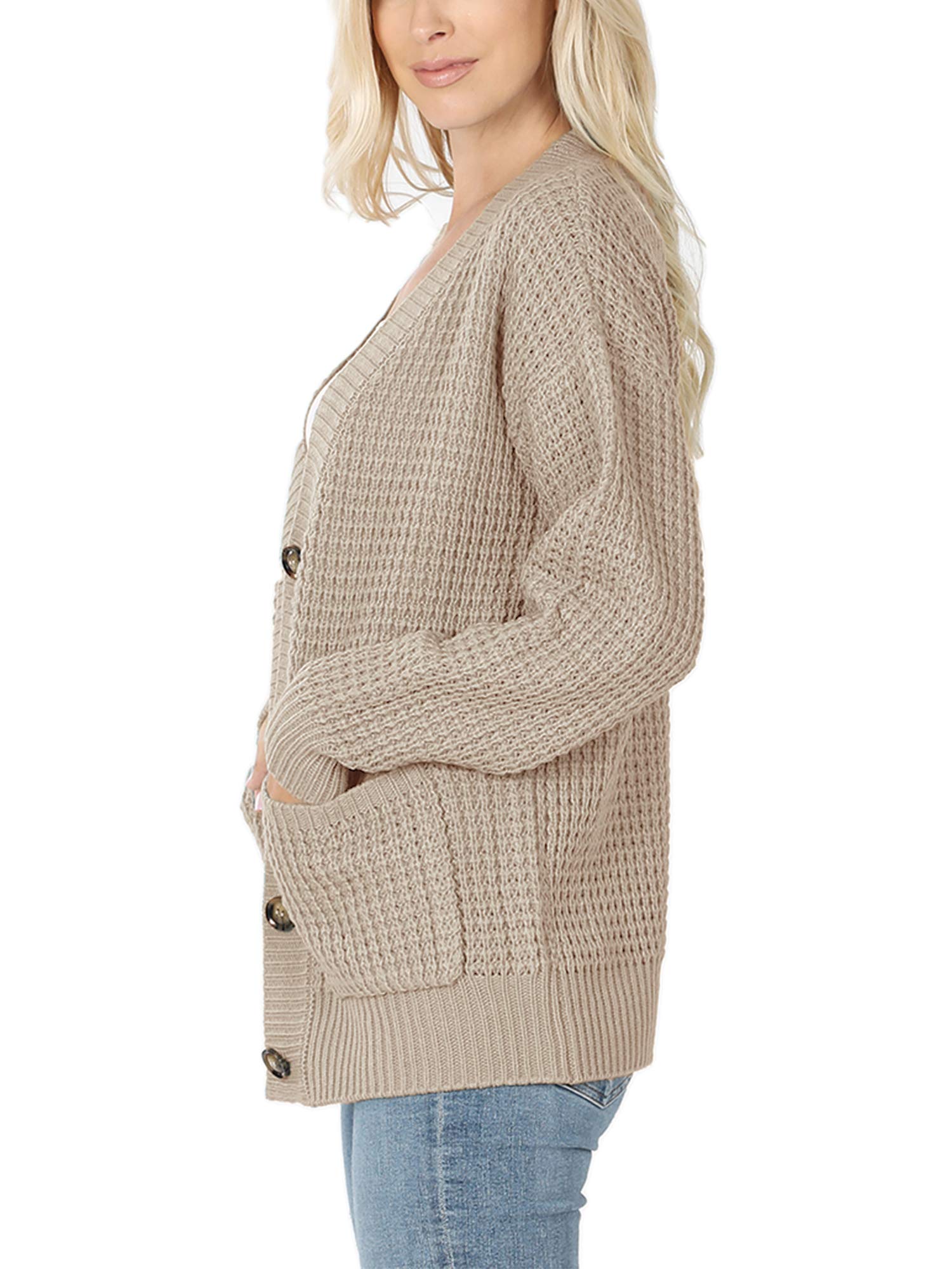 KOGMO Women's Waffle Knit Button Front Cardigan with Pockets - Cozy Fall Winter Sweater for Casual Outfits & Office Wear