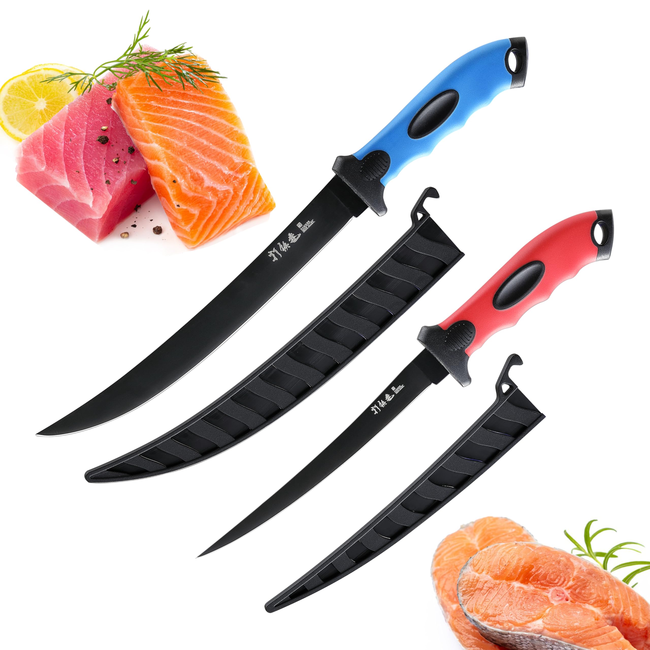2PCS Professional Fillet Knife Set - 9 inch & 7 inch Stainless Steel Fish Fillet Knives for Meat Cutting, Trimming & Fishing | Sharp Boning Knives with Sheath Included | Perfect for Camping, Fishing Trips & Home Kitchen Use