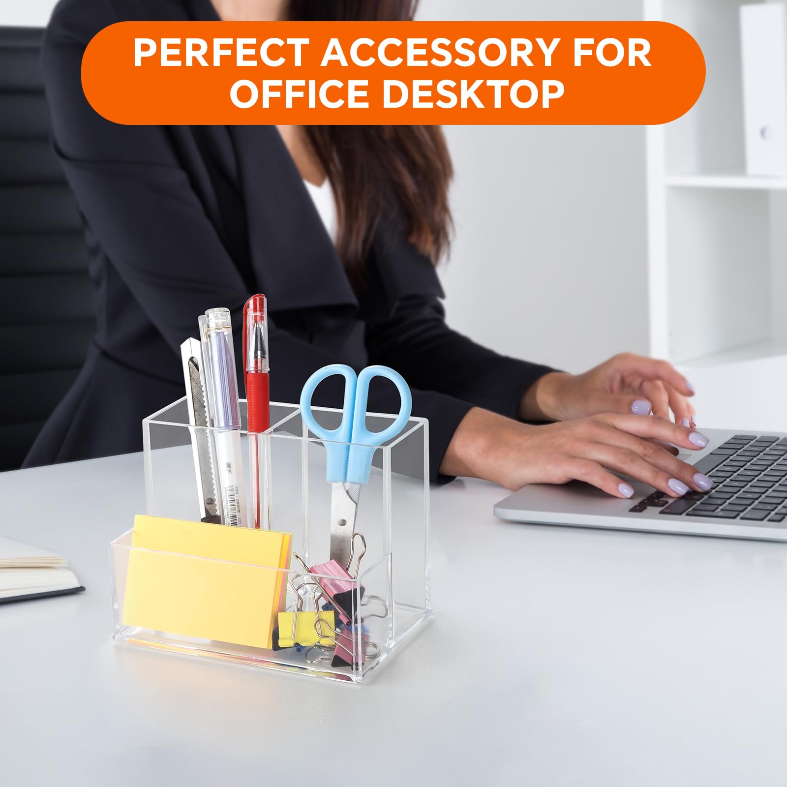 Clear Acrylic Pen Holder for Desk - 3 Compartment Pencil Organizer for Markers, Pens & Office Supplies | Perfect for Home, Office, Classroom & Bathroom Organization | Great for Desk Accessories & School Supplies