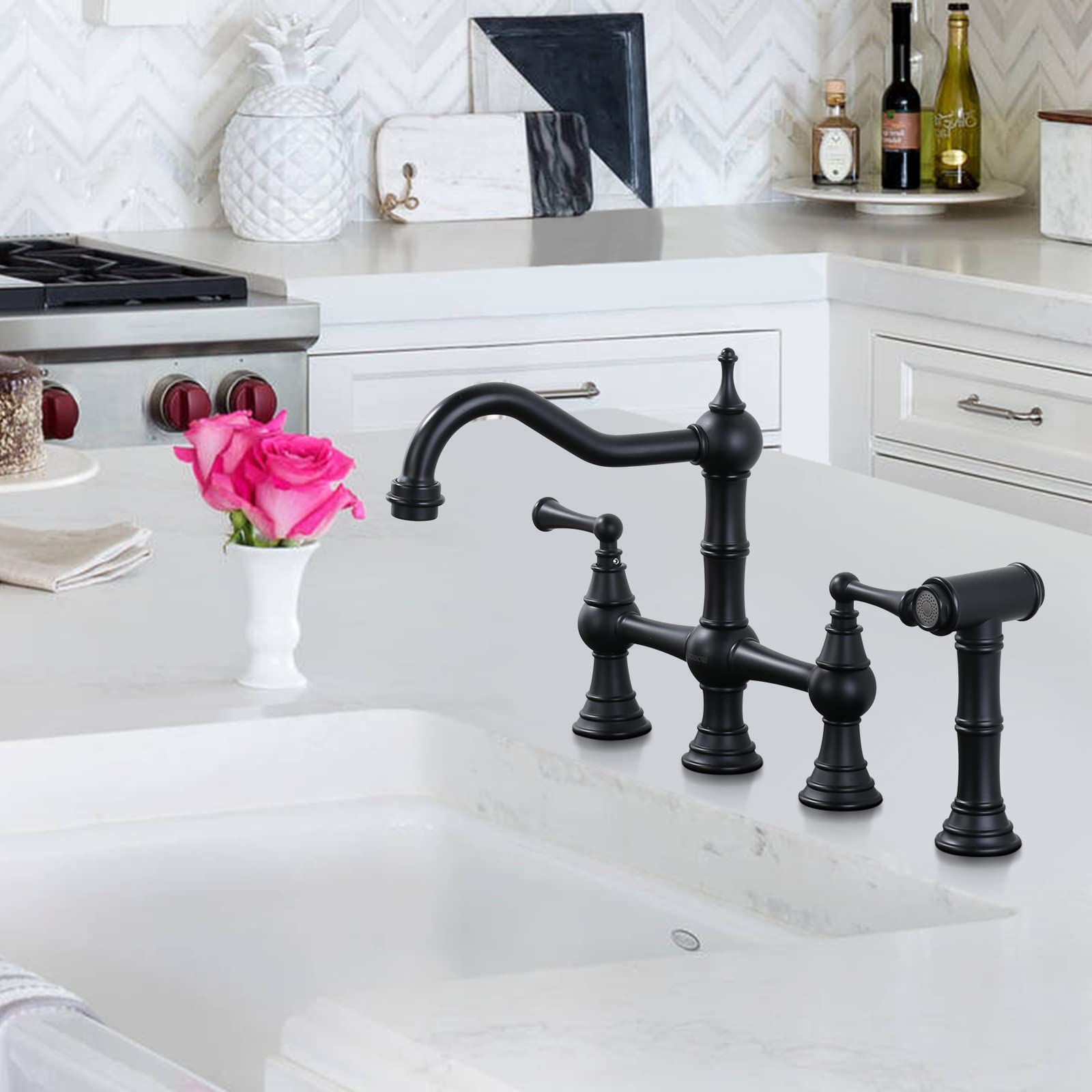 WOWOW Black Kitchen Faucet with Side Sprayer - 4 Hole Brass Sink Faucet, 2 Handle 8 Inch Centerset Bridge Design - Vintage Farmhouse Copper Finish for Modern & Rustic Kitchens - Perfect for Cooking, Washing Dishes & Food Prep