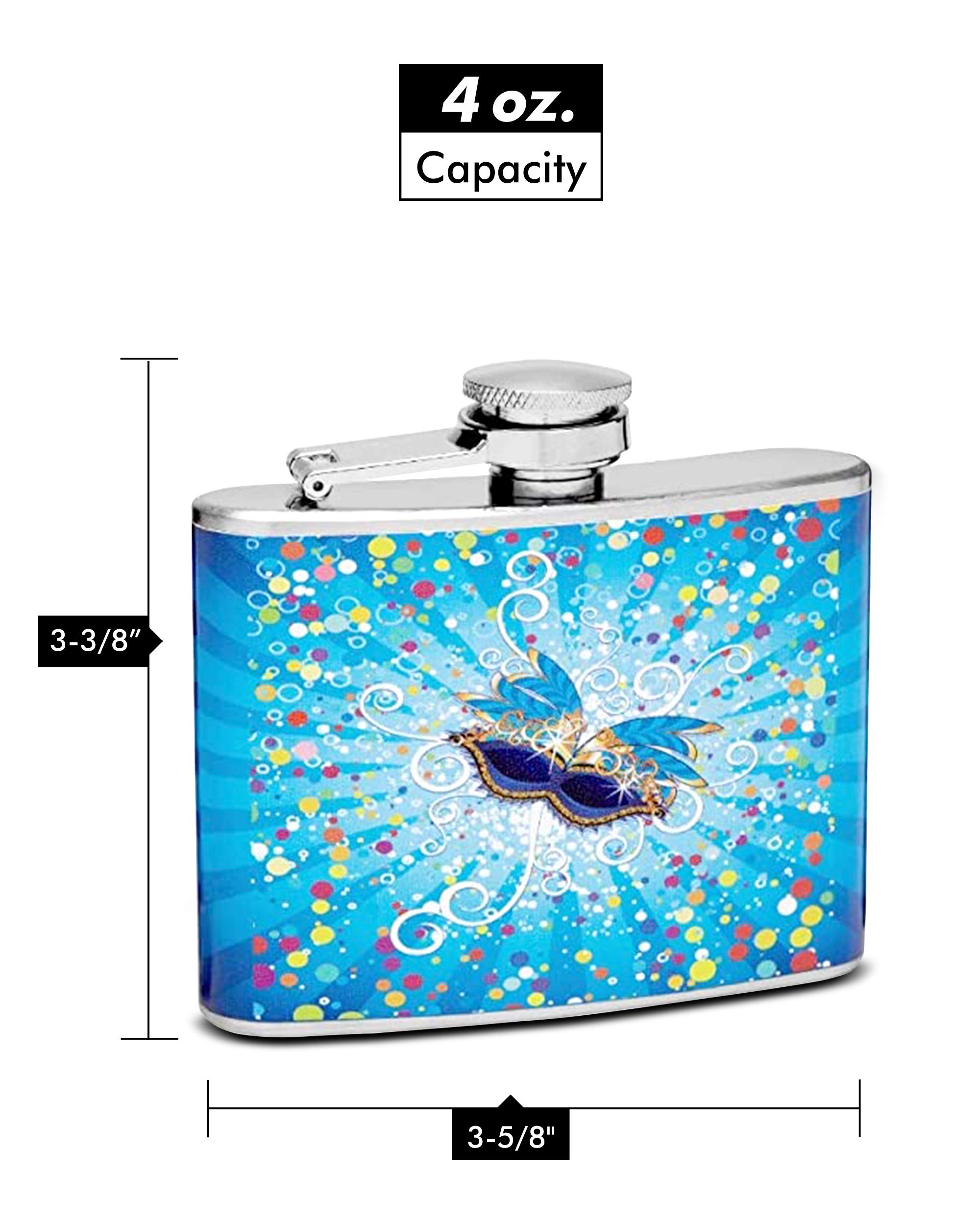 Premium Stainless Steel Hip Flask Gift Set - 4oz Flask, Refill Funnel & 2 Shot Glasses - Mardi Gras Design - Perfect for Parties, Camping & Gifts - Includes Elegant Gift Box