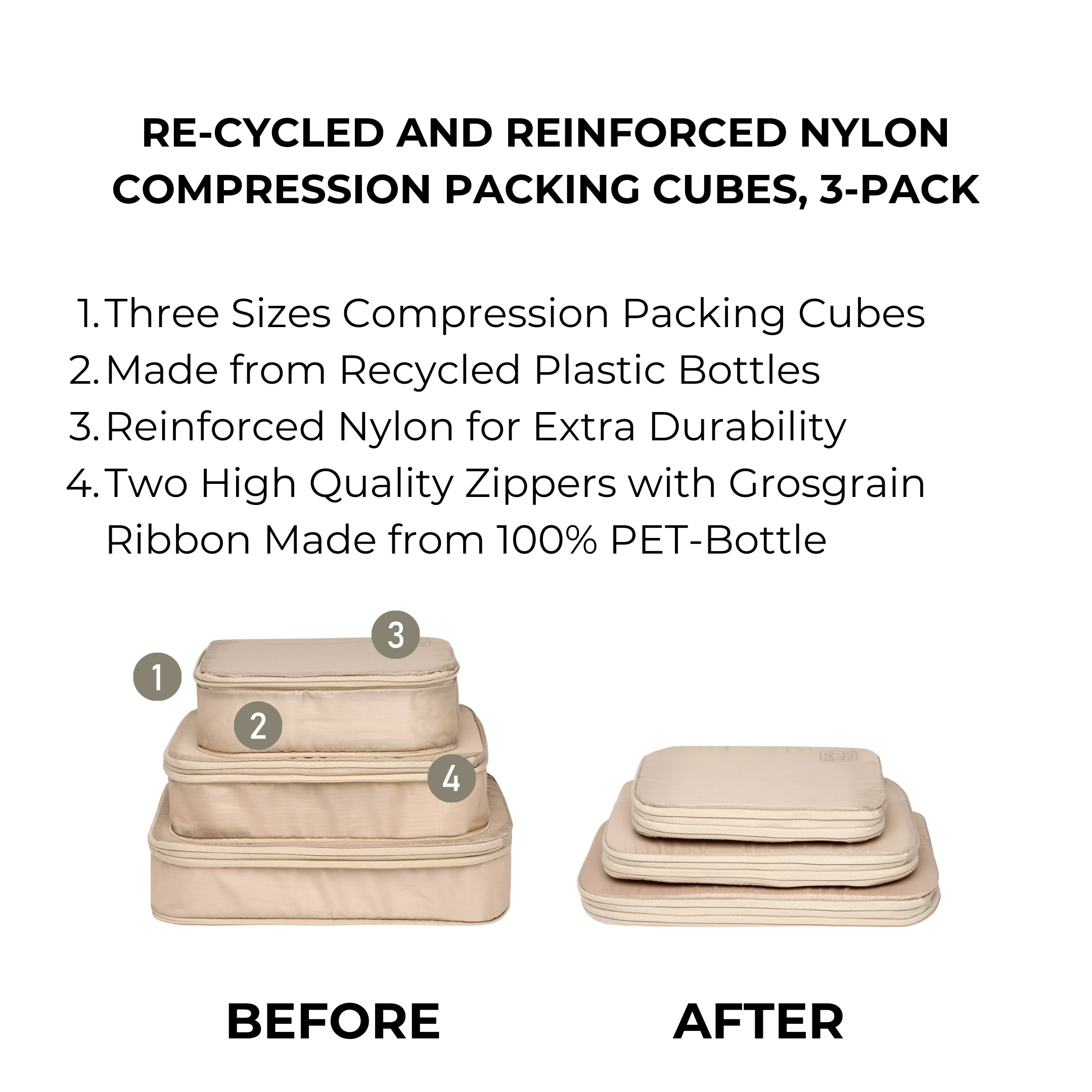 Recycled & Reinforced Nylon Compression Packing Cubes - 3-Piece Set in Taupe for Travel Organization & Space Saving