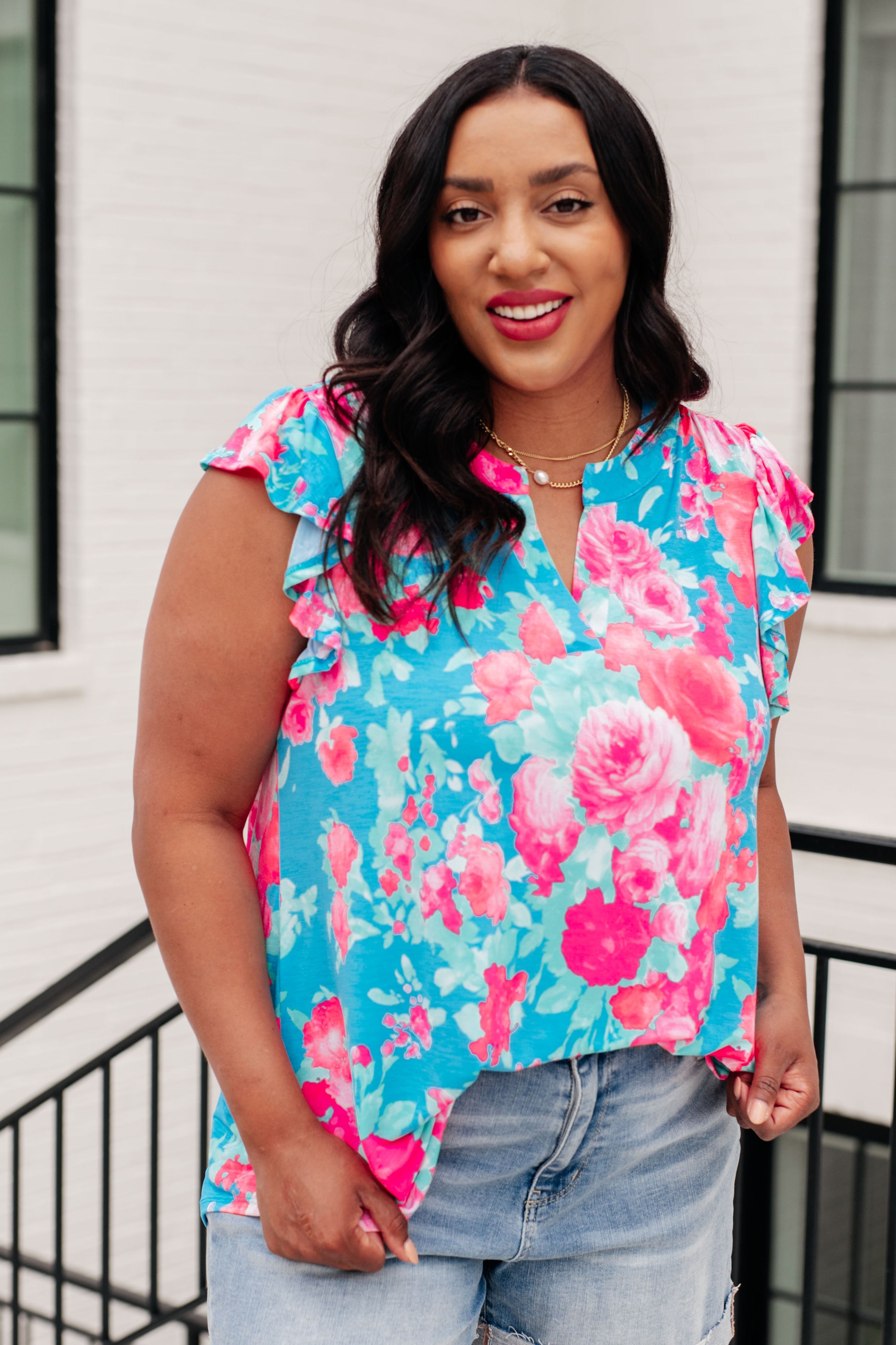 Lizzy Flutter Sleeve Blouse - Blue & Pink Floral Print Women's Tops for Casual Wear, Date Night & Summer Outfits