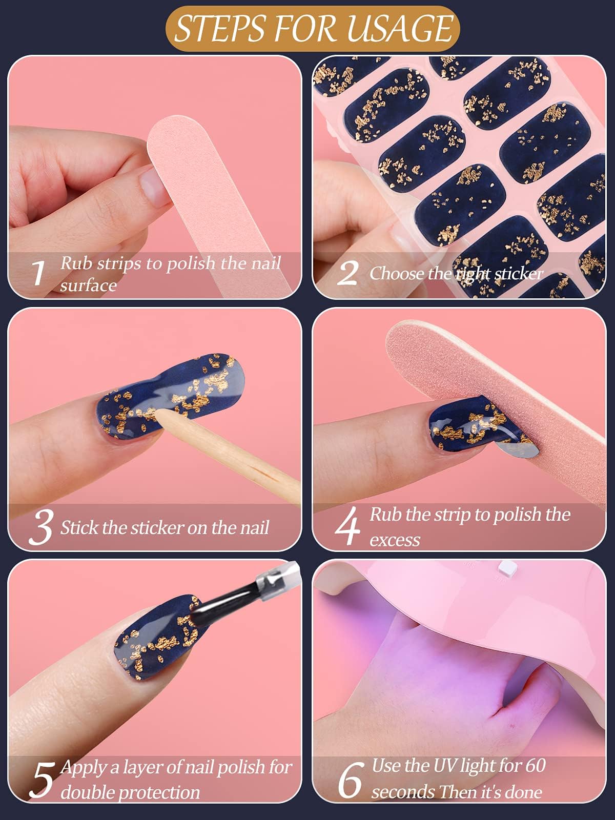 20PCS Semi-Cured Gel Nail Strips - Blue Gold Foil Nail Art Wraps for Women, Home & Salon Use