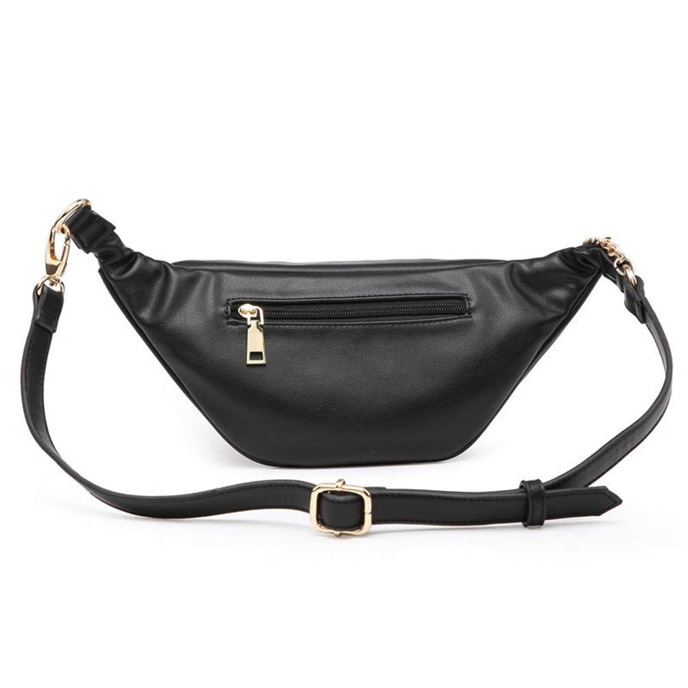 Women's Stylish Leather Waist Fanny Pack Crossbody Bag with Metallic Chain - Phone Purse for Everyday Use, Travel & Outdoor Activities (Black)