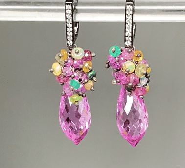 Oxidized Silver Pink Topaz & Opal Sapphire Cluster Earrings | Elegant Dangle Jewelry for Weddings, Parties & Special Occasions
