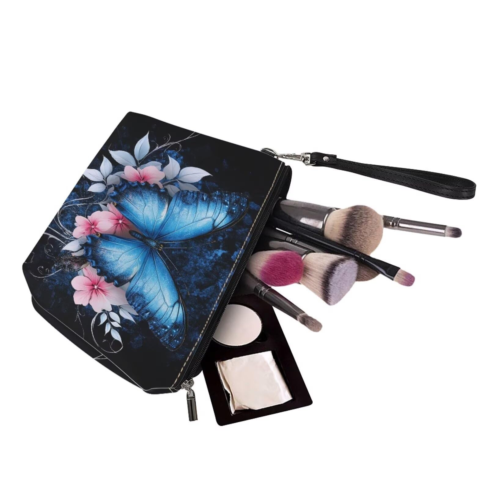Blue Butterfly Floral Makeup Bag for Women - Leather Travel Cosmetic Organizer & Toiletry Bag | Perfect for Travel, Gym, and Daily Beauty Essentials Storage