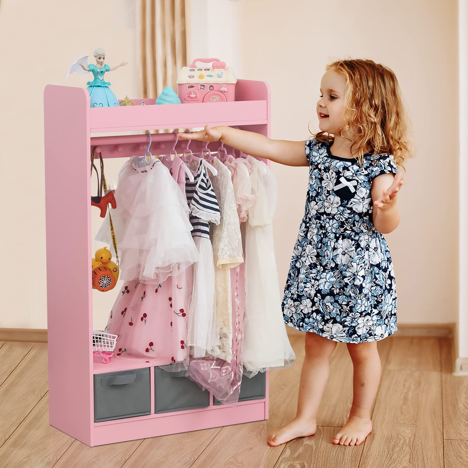 Kids Dress Up Storage Closet with Mirror - Pink Hanging Armoire for Costume Organization | Perfect for Pretend Play, Bedroom Decor & Toy Storage