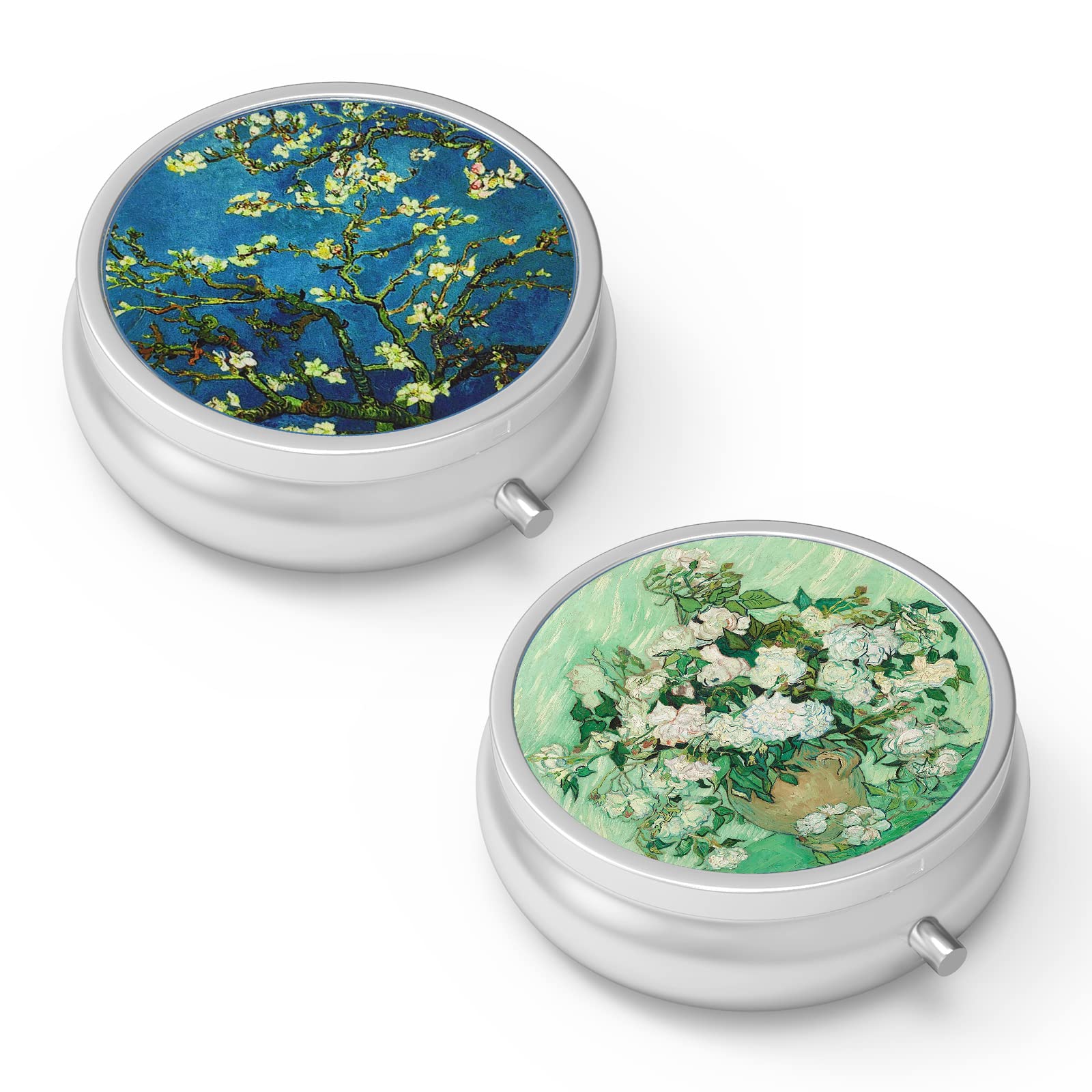3-Compartment Portable Pill Organizer Box - Decorative Metal Medicine & Vitamin Case for Pocket or Purse - Perfect Travel Essential for Daily Medication (2-Pack)