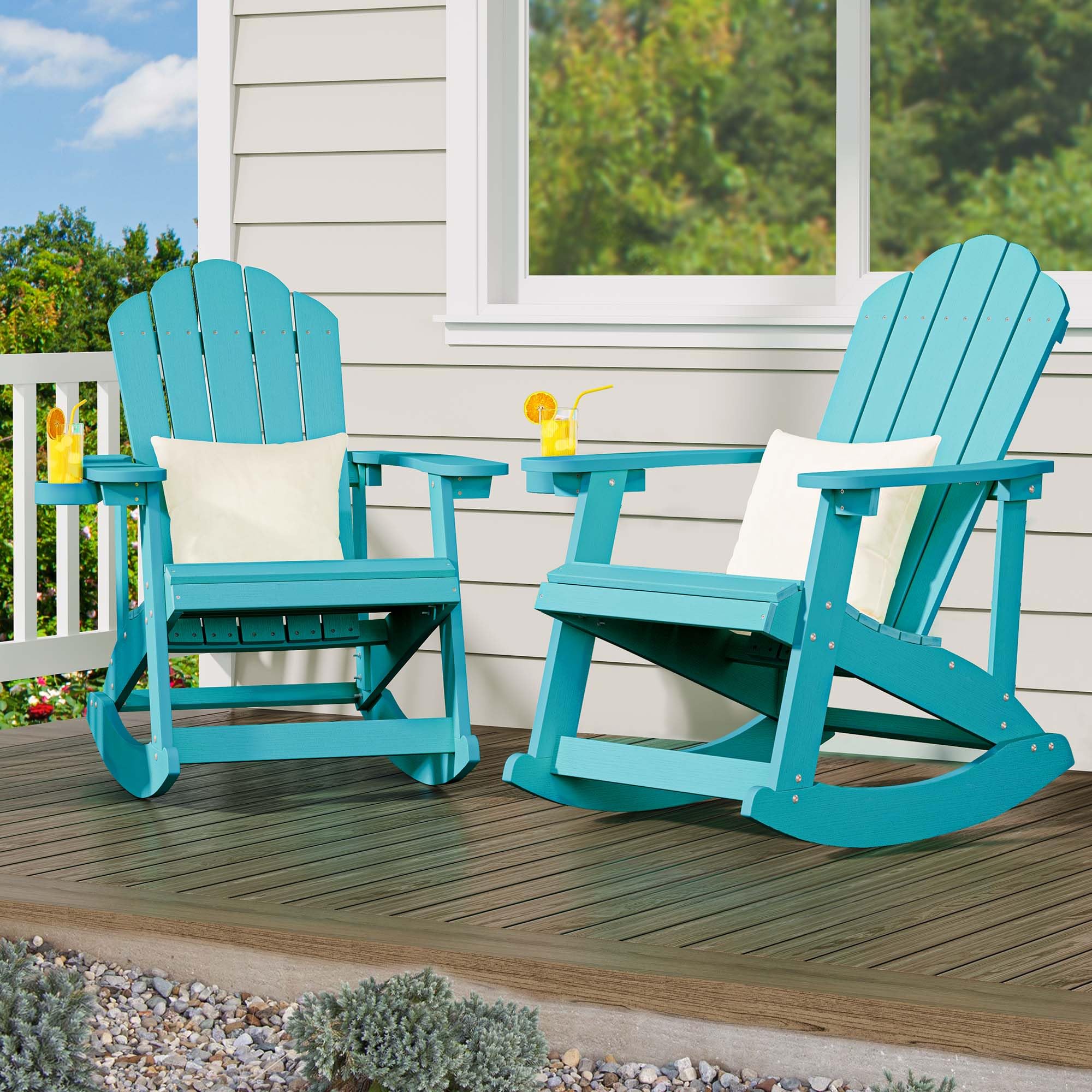 YITAHOME Heavy Duty Outdoor Rocking Adirondack Chair Set of 2 - Durable Plastic Rockers with Swivel Cup Holder, Wide Comfortable Seating for Garden, Patio, Poolside, Beach & Backyard Relaxation - Perfect for Lounging, Sunbathing and Outdoor Gatherings