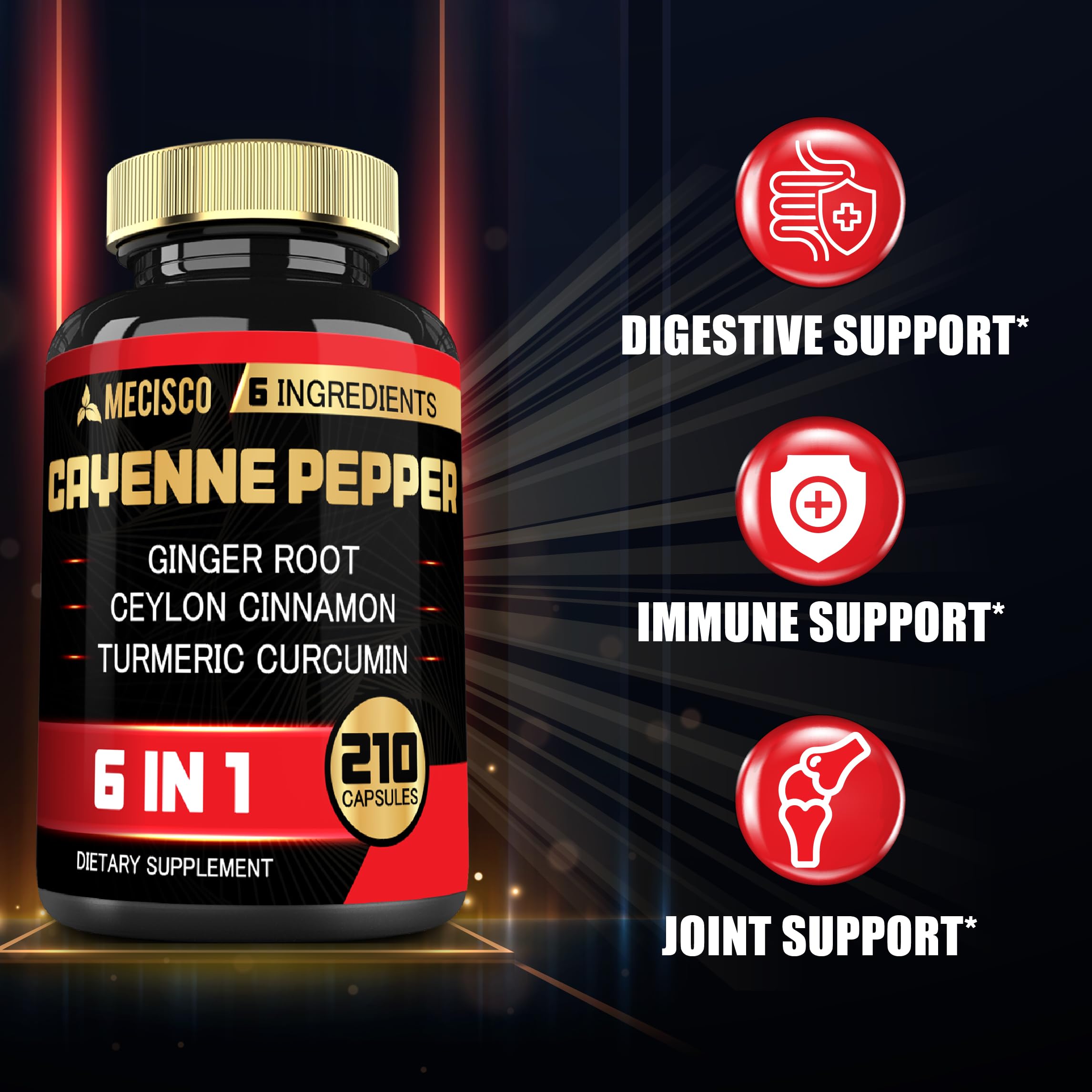 6-in-1 Cayenne Pepper Extract Capsules with Organic Turmeric Curcumin, Black Pepper & Ginger - Supports Digestion, Heart Health, Immunity & Joint Function - 210 Vegan Capsules - Perfect for Daily Wellness & Active Lifestyle