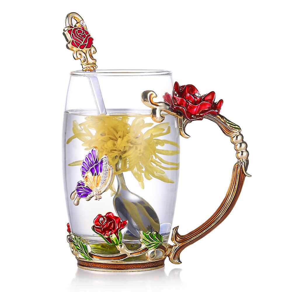 Kaiyuan Dynasty 12oz Glass Coffee Mug with Enamel Rose & Butterfly Design - Includes Spoon - Perfect for Tea, Coffee, or Hot Chocolate - Ideal for Birthday, Wedding Gifts & Home Decor