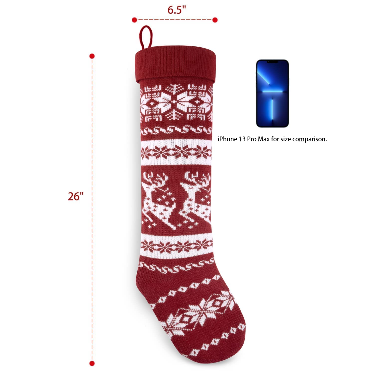 26-Inch Large Nordic Style Knitted Christmas Stockings - Burgundy & White Holiday Decor for Mantel, Wall, Staircase & Gift Stuffers | Perfect for Fireplace, Xmas Tree & Festive Home Decorating