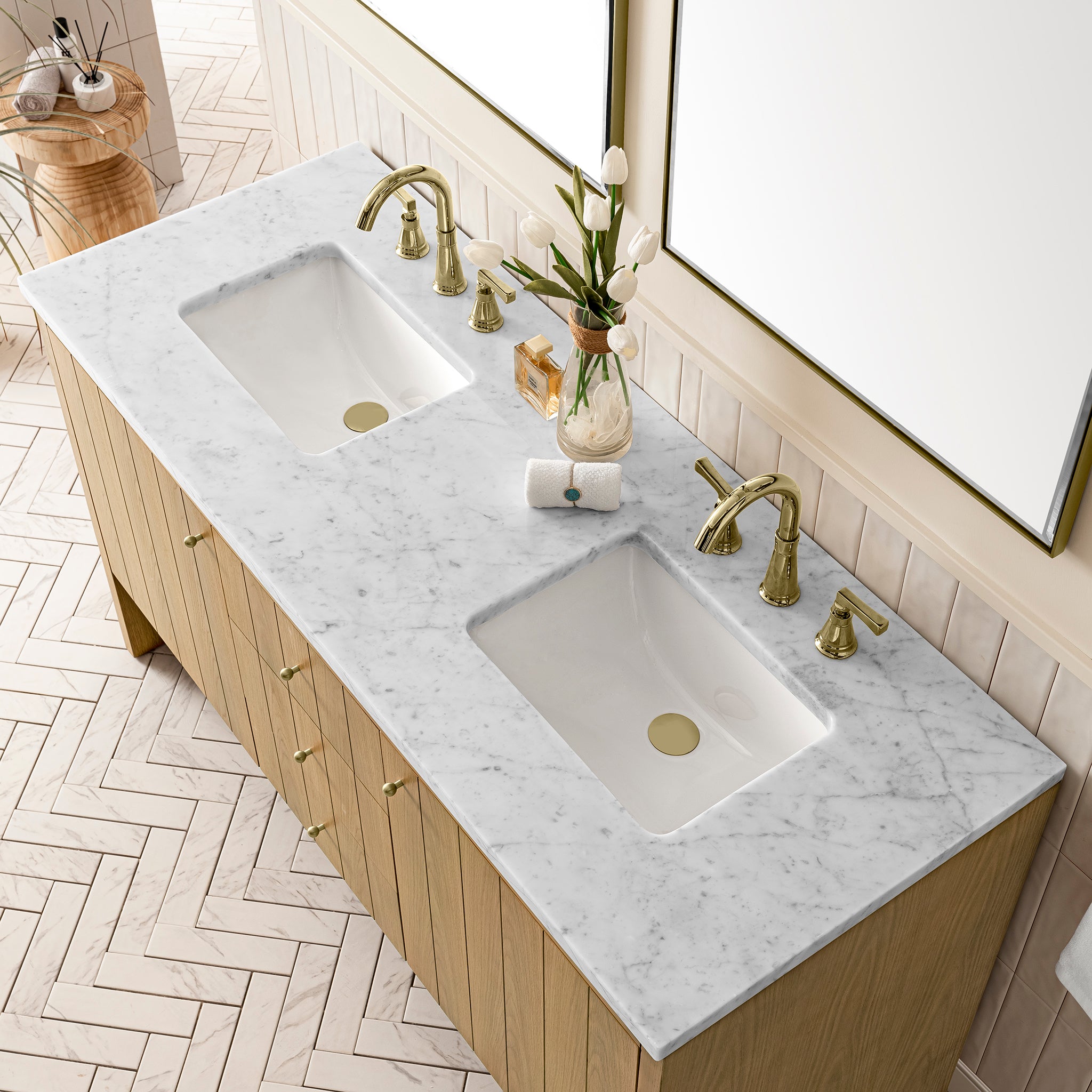 Hudson 60-Inch Double Vanity with Carrara Marble Top - Light Natural Oak Bathroom Vanity for Modern Homes | Perfect for Master Bathroom Renovation & Guest Bathroom Upgrade