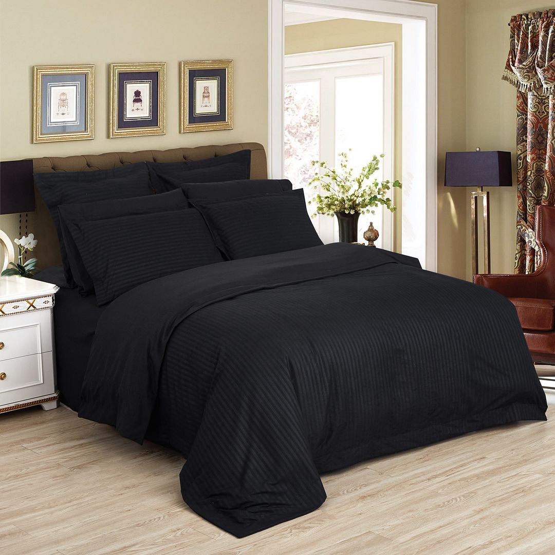 1000 Thread Count Ultra Soft Striped Super King Size Black Duvet Cover Set - Luxury Bedding for Master Bedroom, Guest Room & Hotel Use