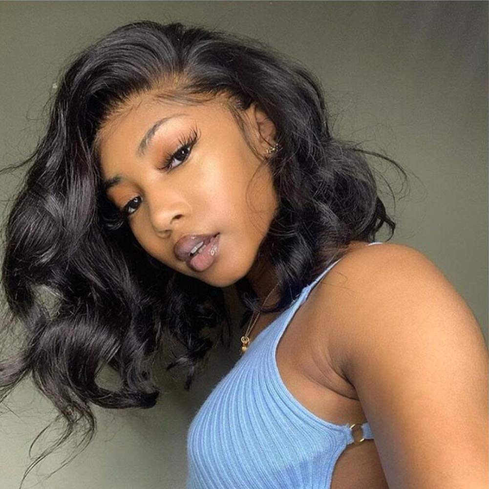13x4 Lace Front Human Hair Wig - Short Bob Body Wave with Pre-Plucked Bleached Knots | Natural Black Color | No Shedding 130% Density 10