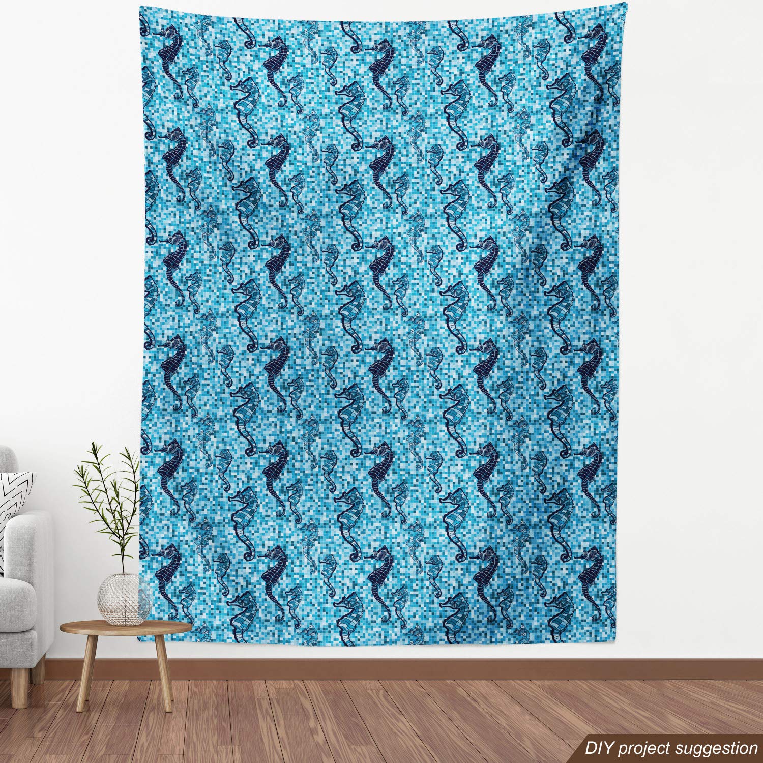 Ambesonne Animal Print Fabric by The Yard - Mosaic Tile Pattern Nautical Ocean Life Marine Creature Artwork - Decorative Upholstery Fabric for Sofa, Curtains, Pillows - 10 Yards Navy Turquoise Blue - Perfect for Coastal Home Decor & DIY Craft Projects