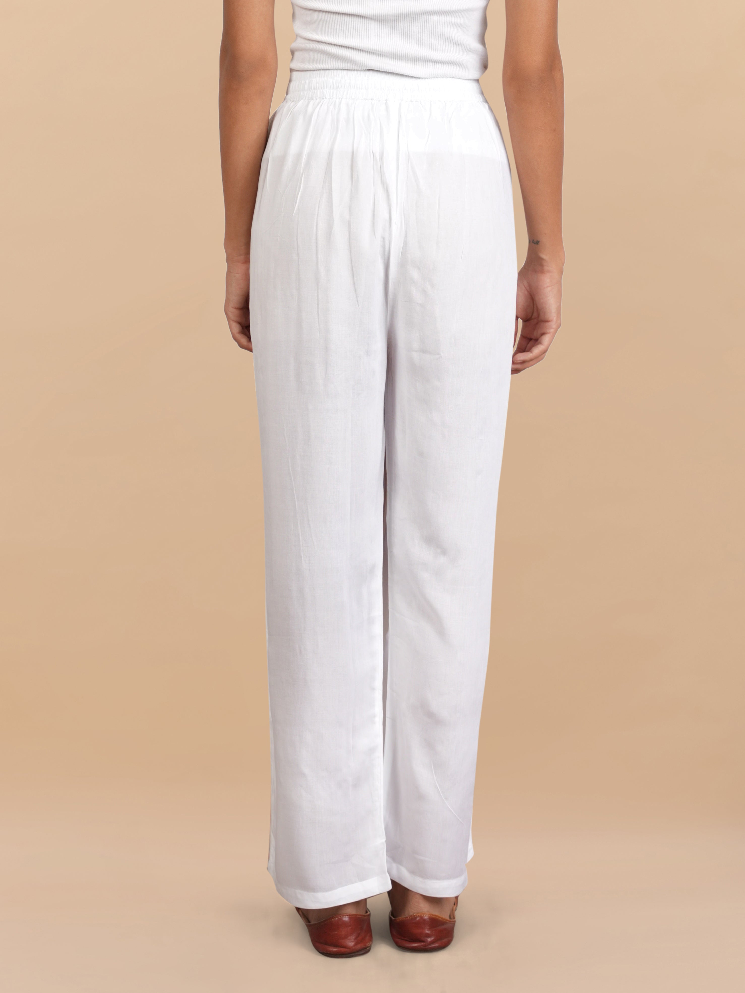 House Of Kari Women's White Rayon Cotton Pants - Comfortable & Breathable High Waisted Trousers for Casual Wear, Office & Summer Outfits