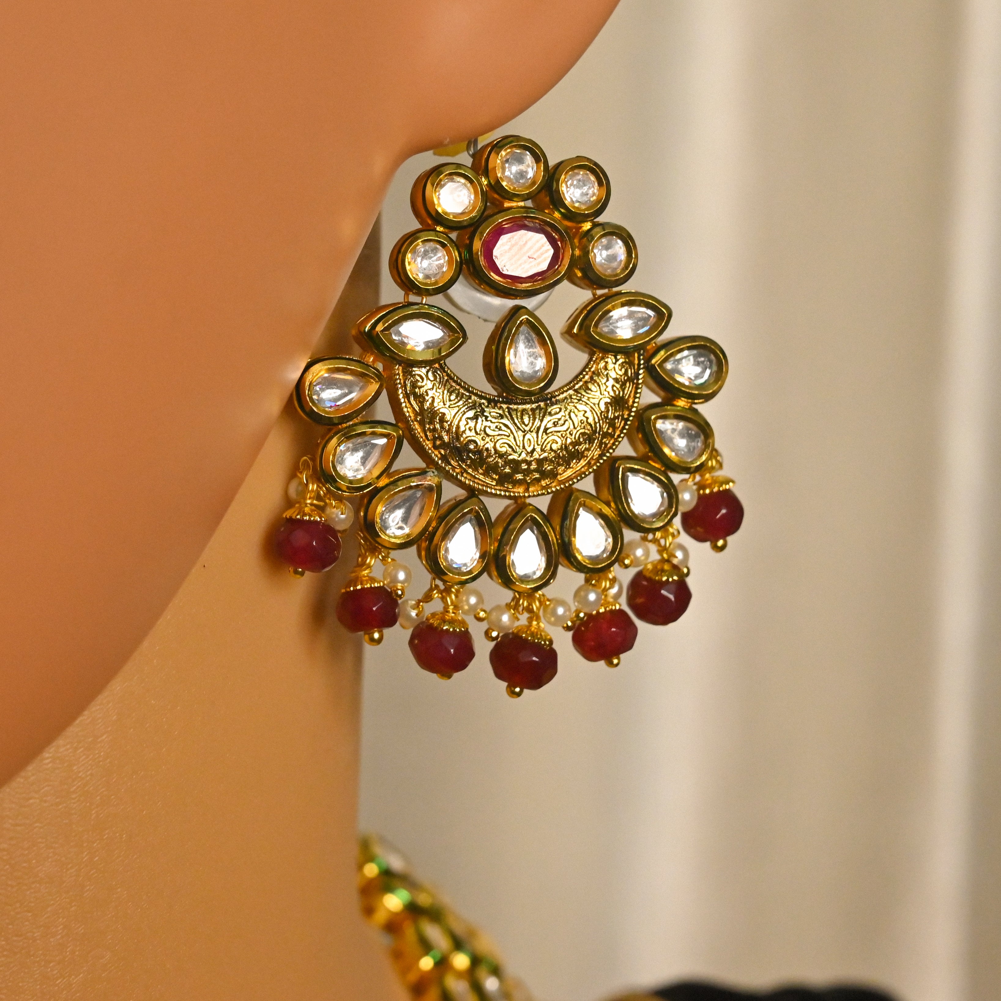 Elegant Gold Plated Royal Kundan & Ruby Necklace Set with Matching Earrings (D724) - Perfect for Weddings, Parties & Special Occasions