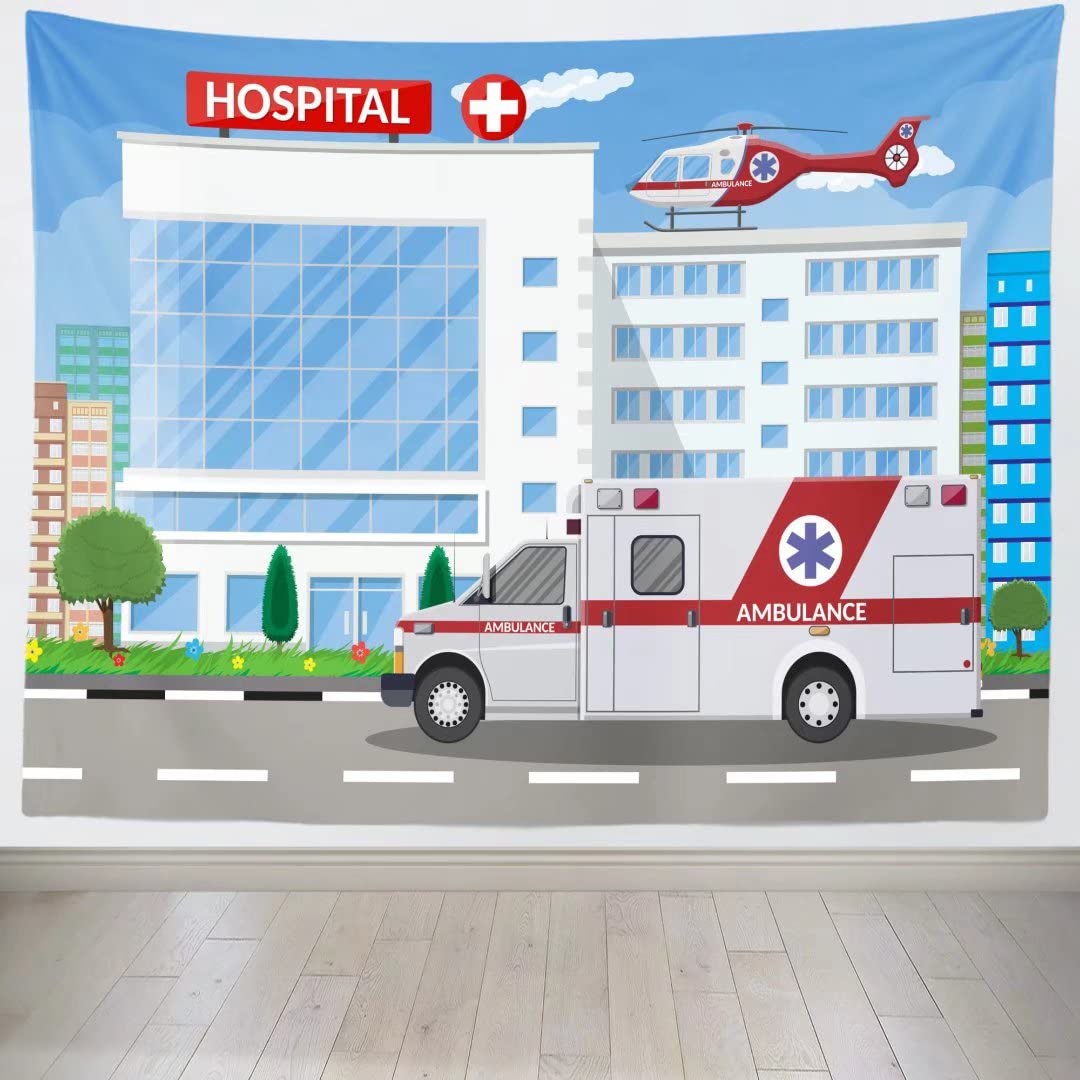 7x5ft BELECO Cartoon Ambulance & Hospital Building Backdrop - Doctor Nurse Themed Fabric Background for Healthcare Workers, Studio Props, Hospital Play Party Decoration - Perfect for Kids Birthday Parties, Medical Events & Photography Studios