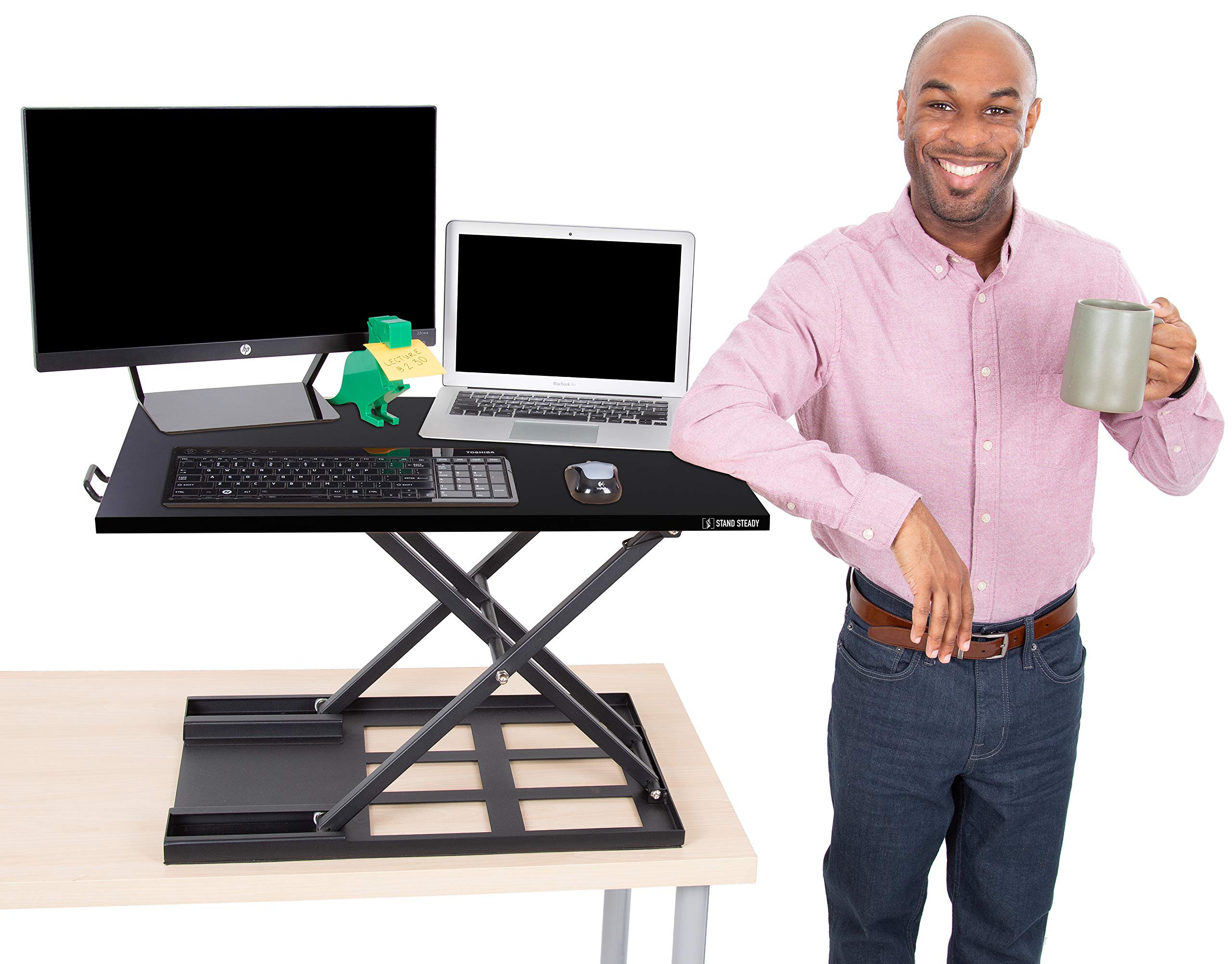 Stand Steady X-Elite Pro Ergonomic Adjustable Standing Desk Converter - 28x20 Inch Height Adjustable Laptop Riser for Home Office Workstation - Perfect for Sit-Stand Work Setup with Computer Monitor (Black)