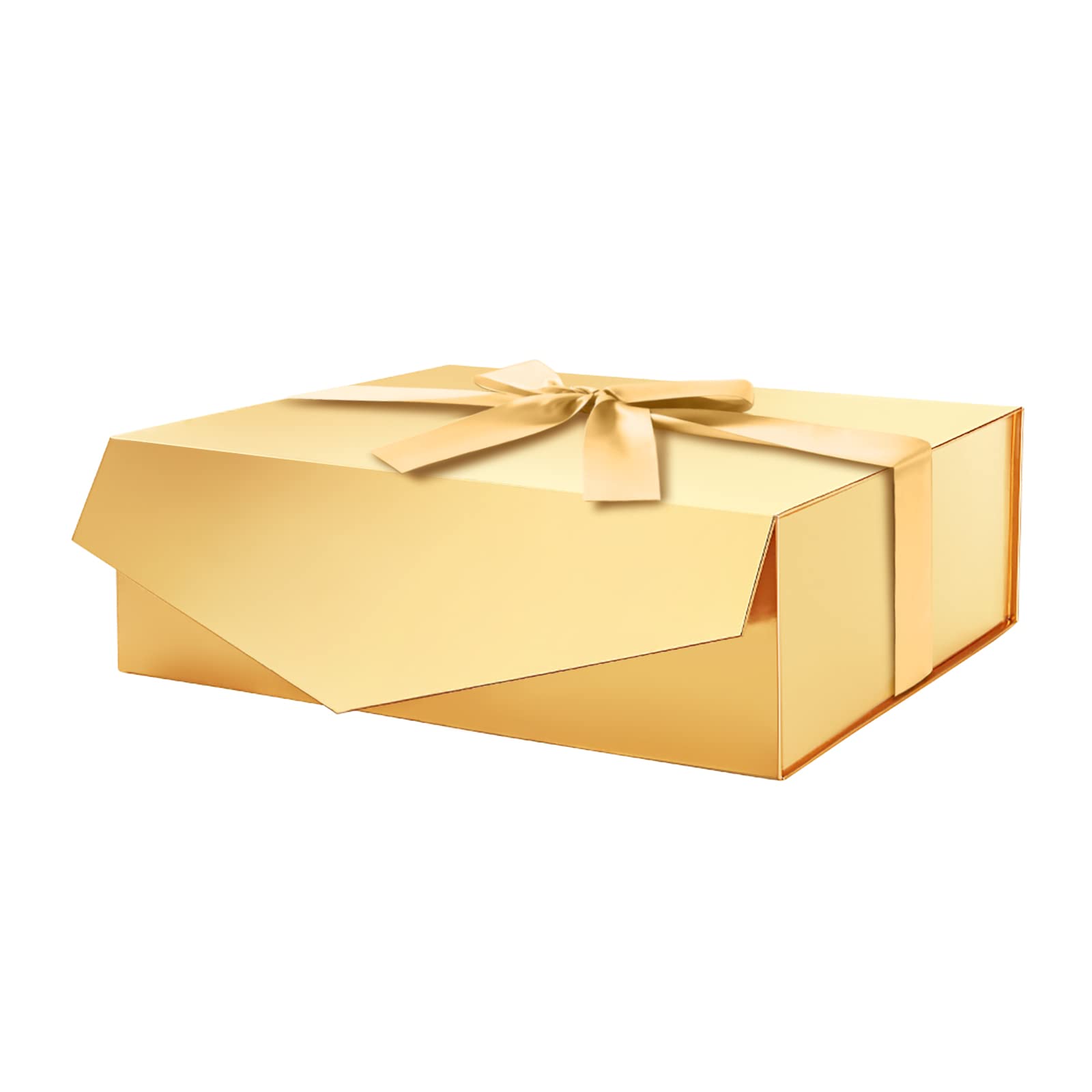 Luxury Glossy Gold Gift Box with Ribbon - 13.5x9x4.1 Inches Large Bridesmaid Proposal Present Box - Perfect for Wedding Party Favors, Birthday Gifts & Special Occasions
