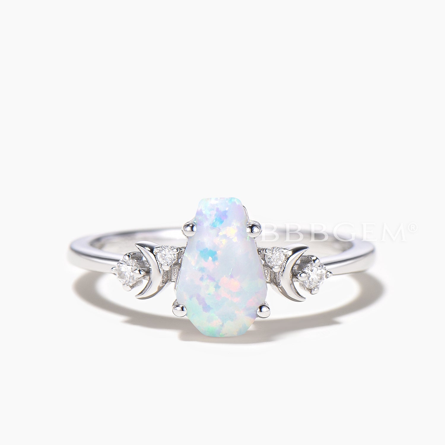 Stunning White Fire Opal & Diamond Coffin Cut Moon Engagement Ring for Women – Perfect for Gothic Weddings, Alternative Proposals & Unique Bridal Jewelry