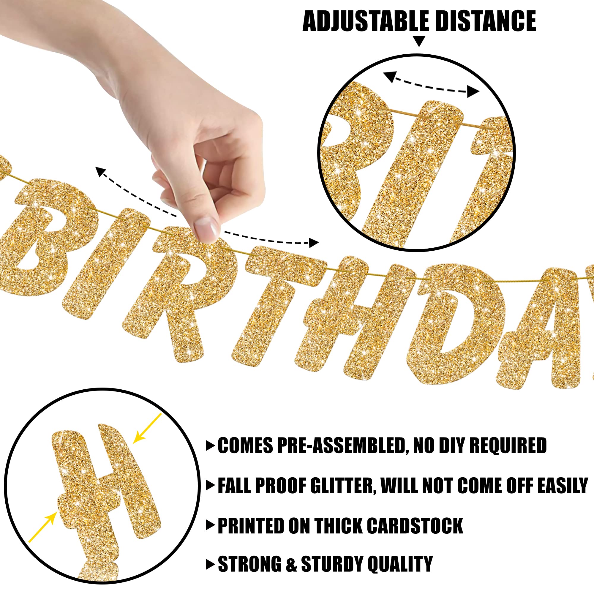 KatchOn 10ft Glitter Gold Happy Birthday Banner - Prestrung Gold Birthday Party Decorations for Women, Girls, Adults | Perfect for Birthday Parties, Baby Showers, Bridal Showers & Anniversary Celebrations