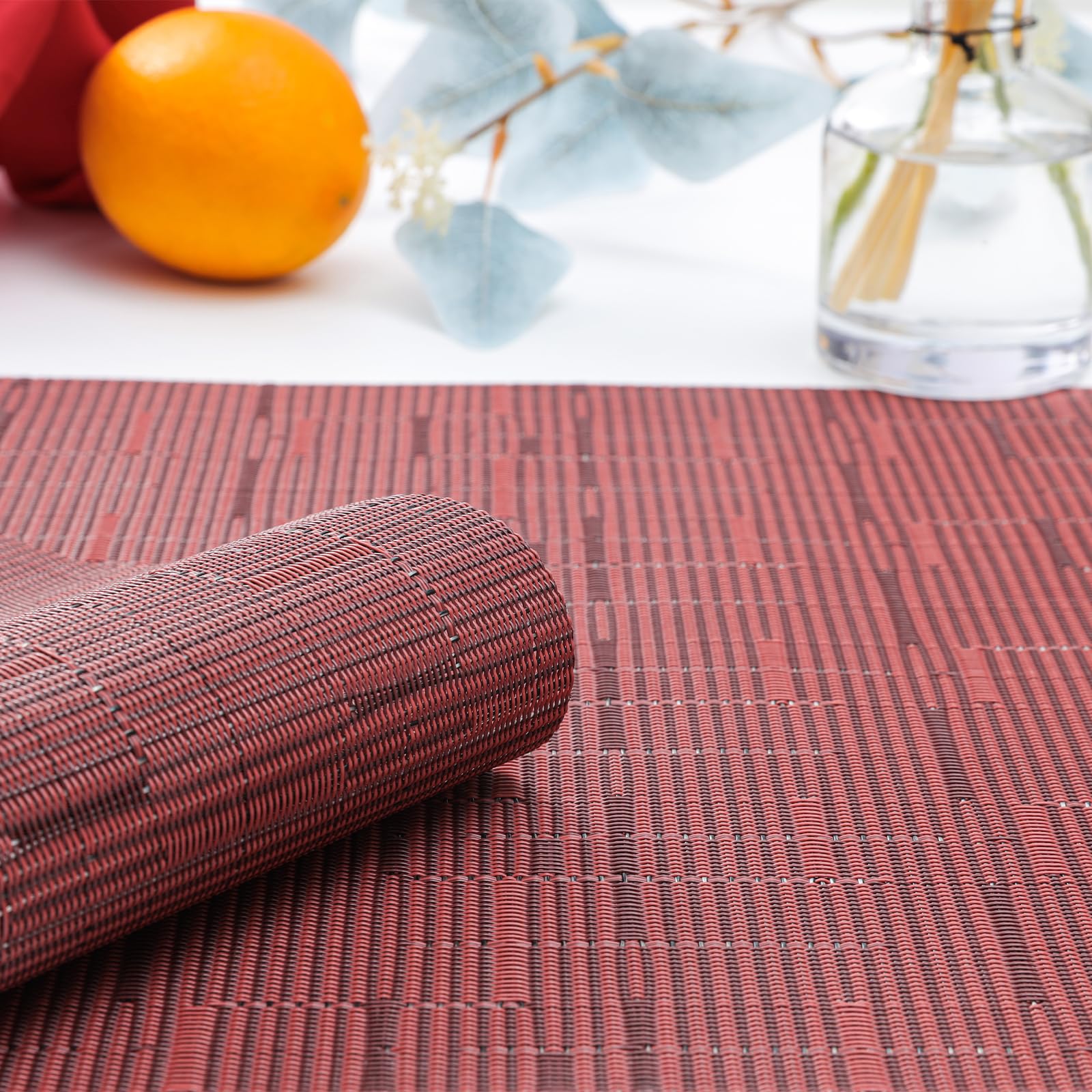 Myir JUN Set of 8 Non-Slip Heatproof Woven Placemats - Washable PVC Table Mats for Dining, Kitchen & Indoor Use (Red) - Perfect for Everyday Meals, Dinner Parties & Home Decor