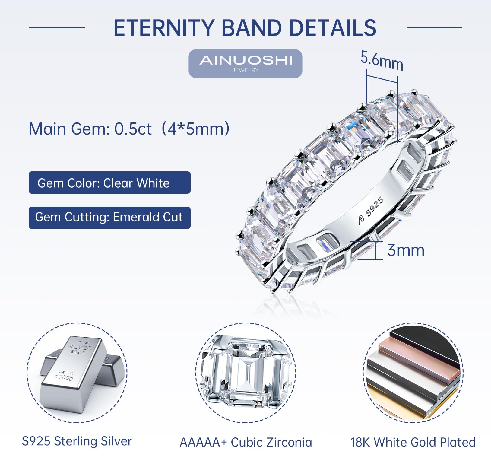 AINUOSHI 925 Sterling Silver Eternity Ring for Women - Emerald/Oval/Radiant/Round/Cushion Cut Cubic Zirconia CZ Wedding Band, Fine Jewelry Gift Box Included | Perfect for Engagement, Anniversary & Special Occasions