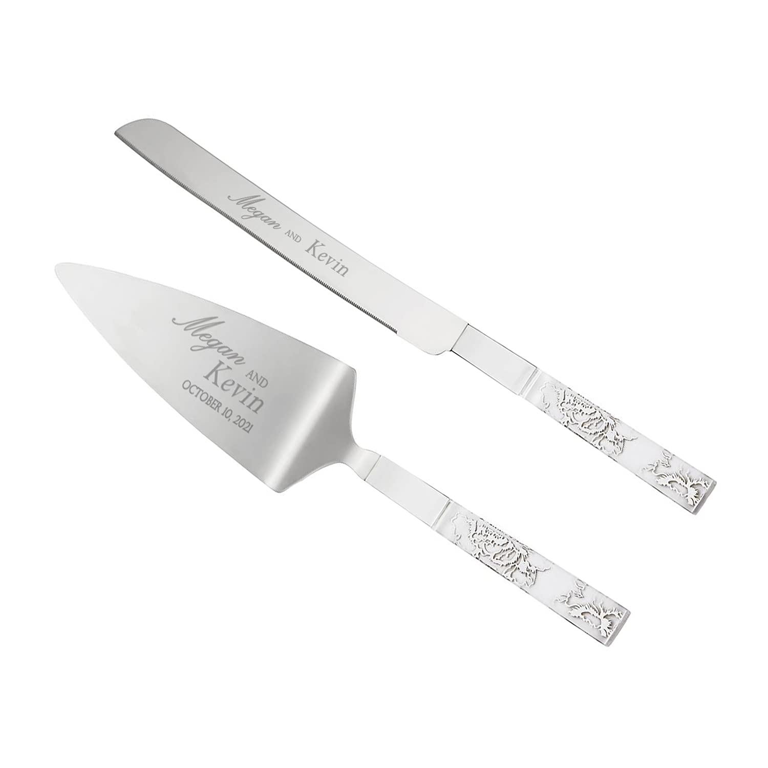 Lenox Bridal Silver Peony Personalized Wedding Cake Cutting Set - Custom Engraved Cake Knife & Server Set for Bride & Groom - Perfect Wedding Gift & Accessory for Anniversary, Bridal Shower & Reception Ceremony