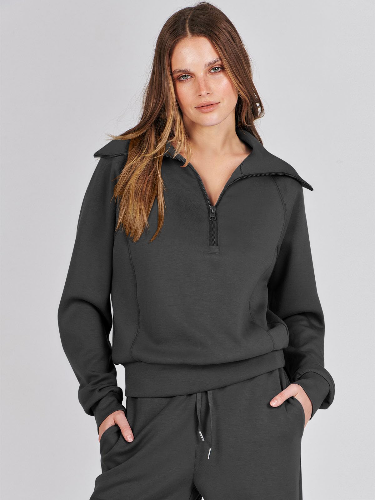 Caracilia Women's 2-Piece Oversized Sweatsuit Set - Half Zip Hoodie & Wide Leg Sweatpants | Fall Lounge Wear, Casual Outfit, Athleisure Tracksuit for Women | Perfect for Home, Gym, Running Errands & Coffee Dates