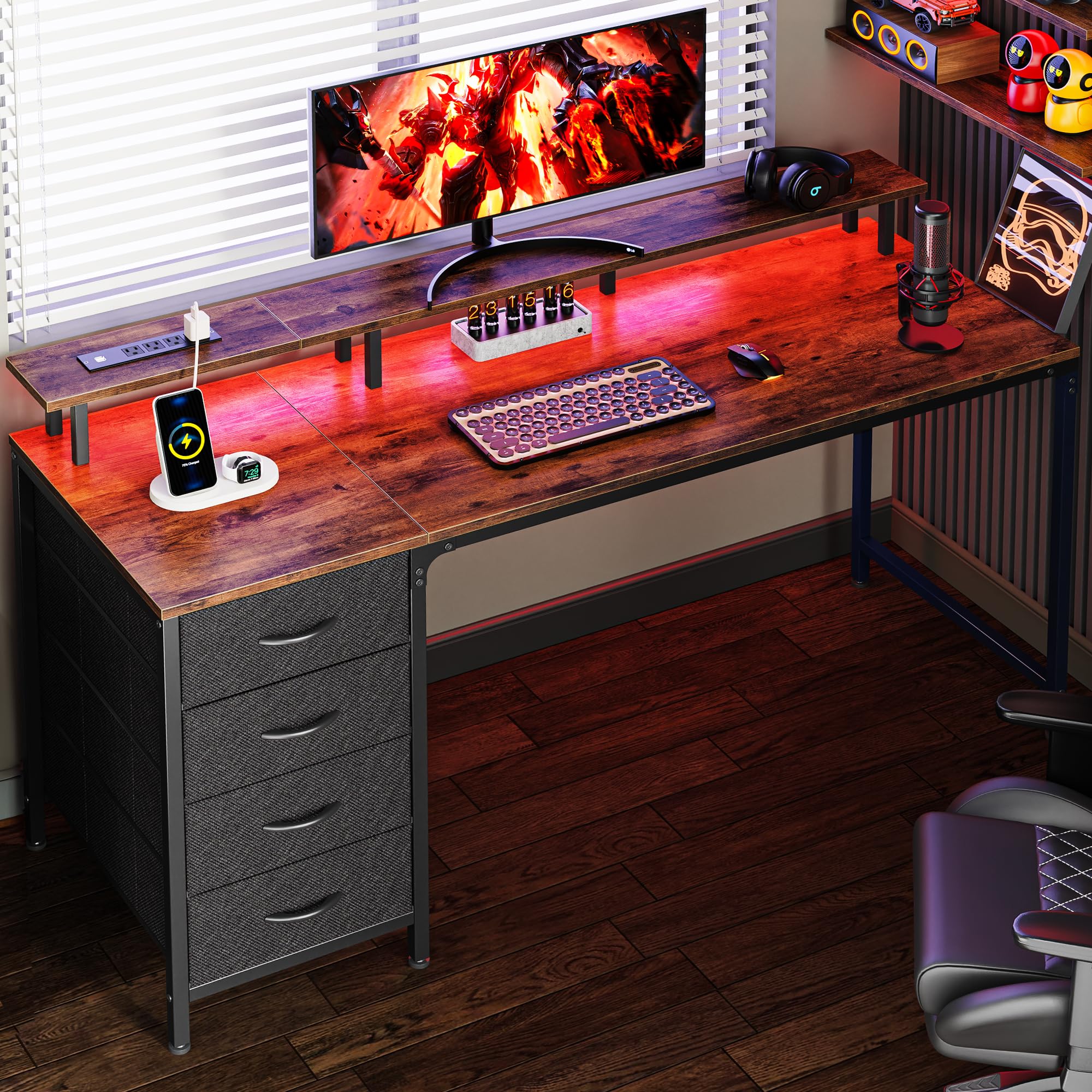 Huuger 55 Inch Gaming Computer Desk with Power Outlets & LED Lights, Home Office Desk with 4 Drawers & Monitor Stand, Rustic Brown Study Work Desk for Gaming, Remote Work & Home Office Setup