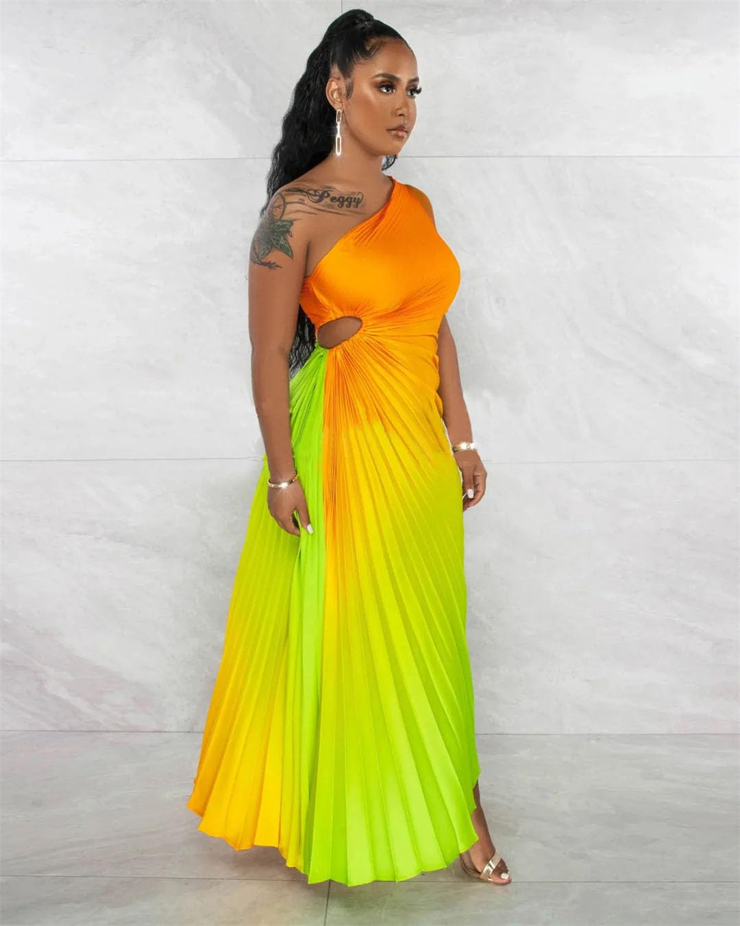 Elegant Women's Gradient Printed Pleated One Shoulder Maxi Dress with Roll Waist & Irregular Hem - Perfect for Parties, Weddings & Summer Vacations
