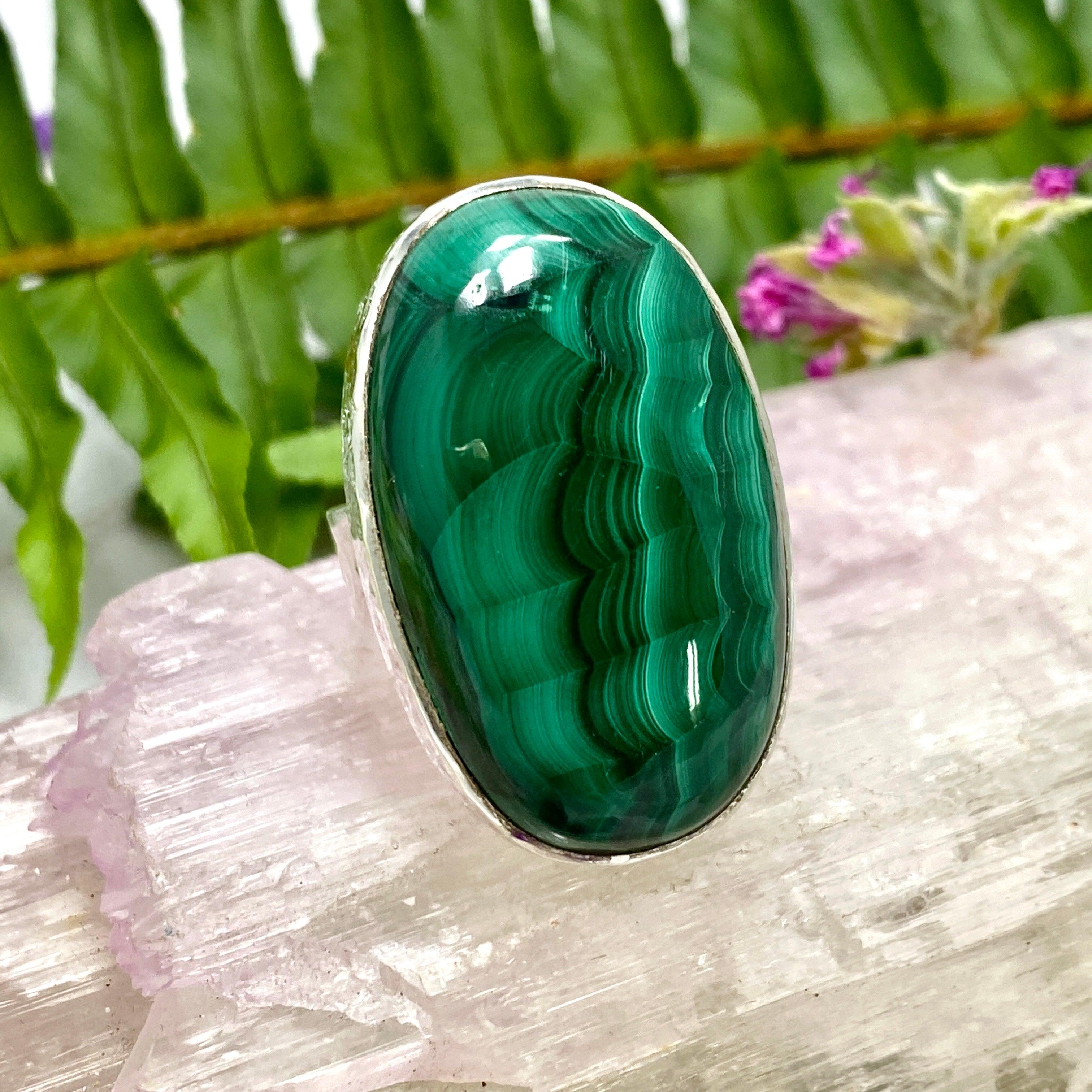 Malachite Oval Beaten Band Ring Size 8 - KRGJ2066 | Handmade Gemstone Jewelry for Women, Boho Chic Accessories, Gift for Her, Perfect for Weddings & Special Occasions