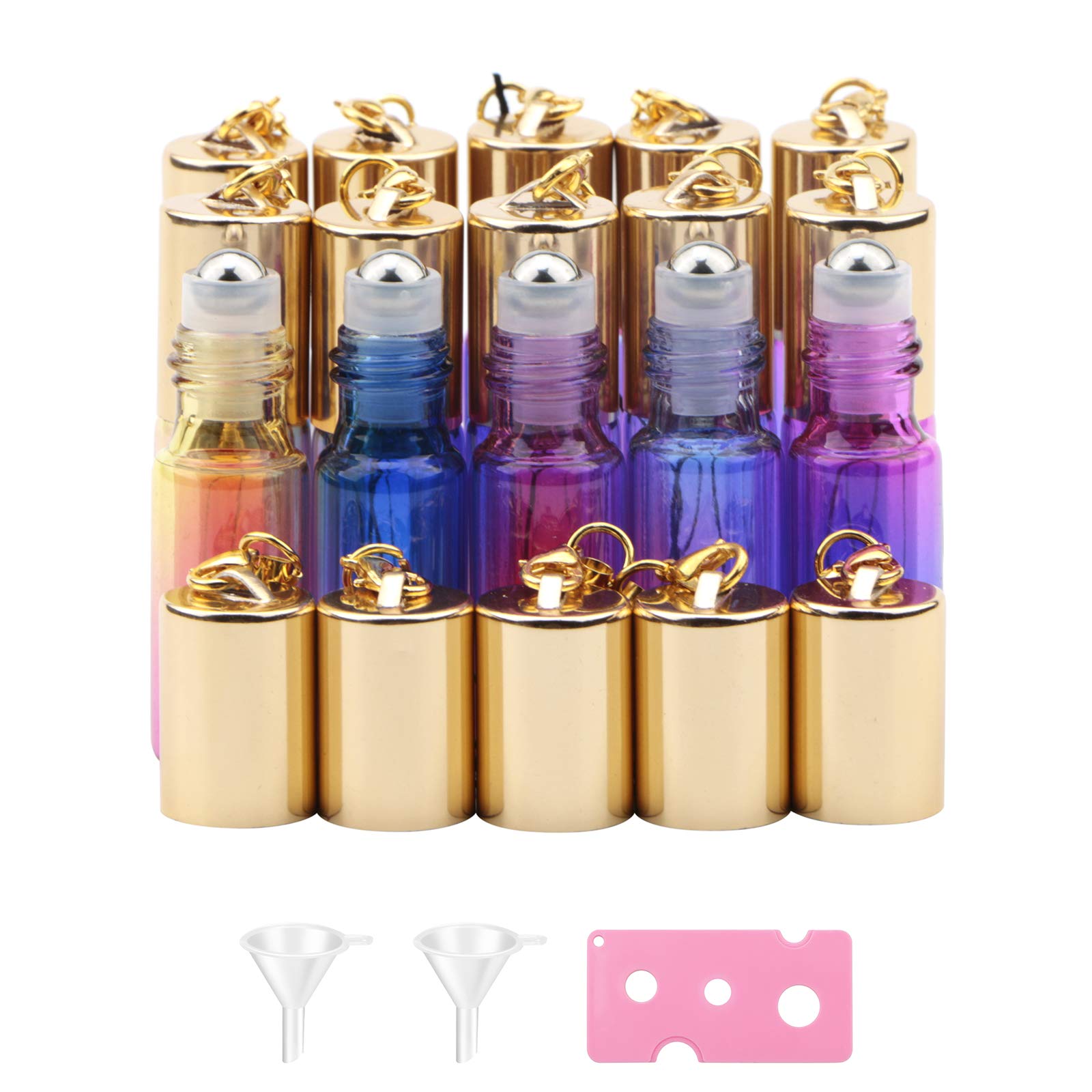 15 Pack 5ml Stainless Steel Ball Roller Bottles with Gold Cap - Gradient Color Glass Essential Oil Roller Bottles for Perfume, Aromatherapy & Organic Oils - Includes 1 Opener + 2 Funnels - Perfect for DIY Essential Oil Blends, Travel & Gift Giving