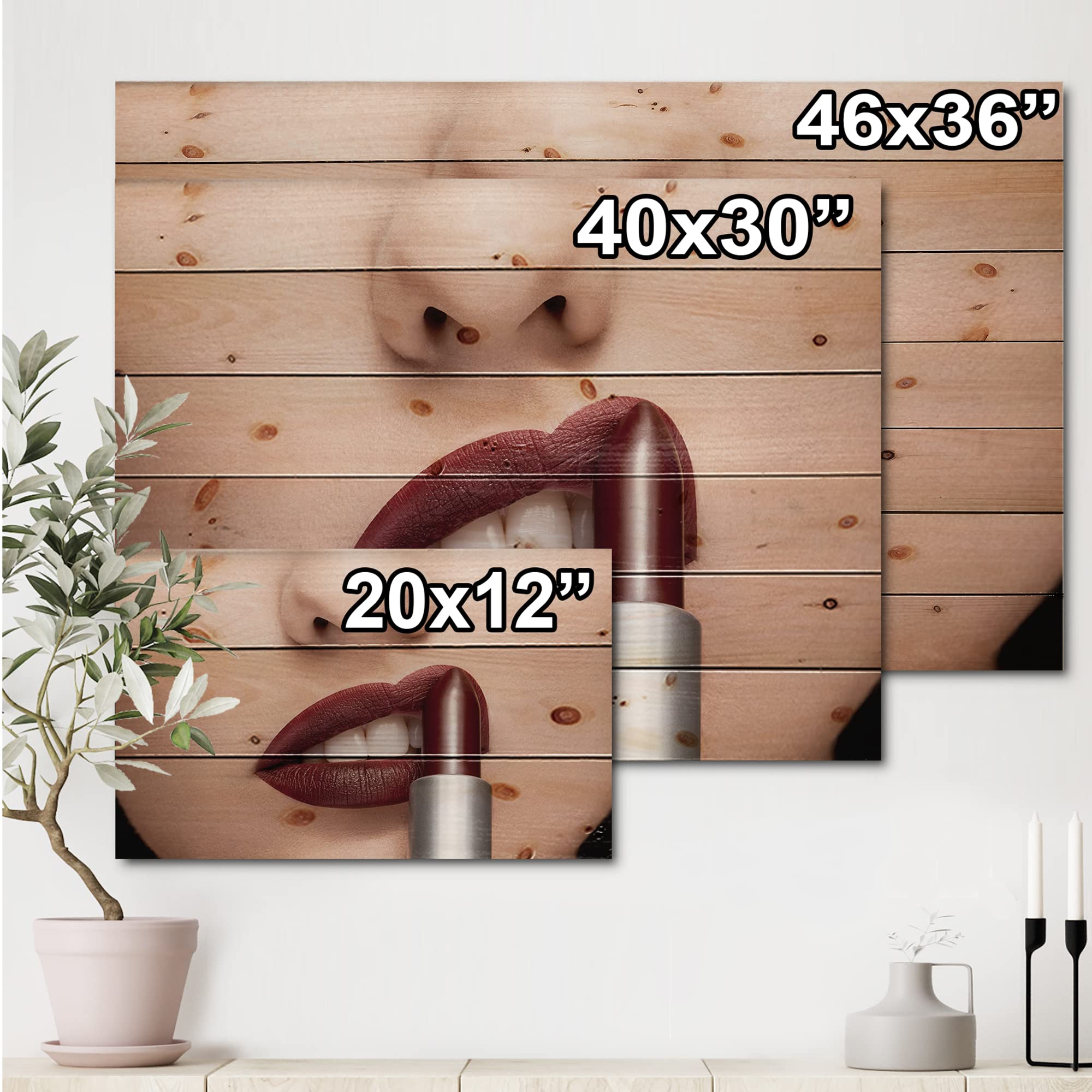 Modern Red Lipstick Woman Wood Wall Art - Contemporary Large People Wood Panel Decor Printed on Natural Pine - Perfect for Living Room, Bedroom & Office Decor