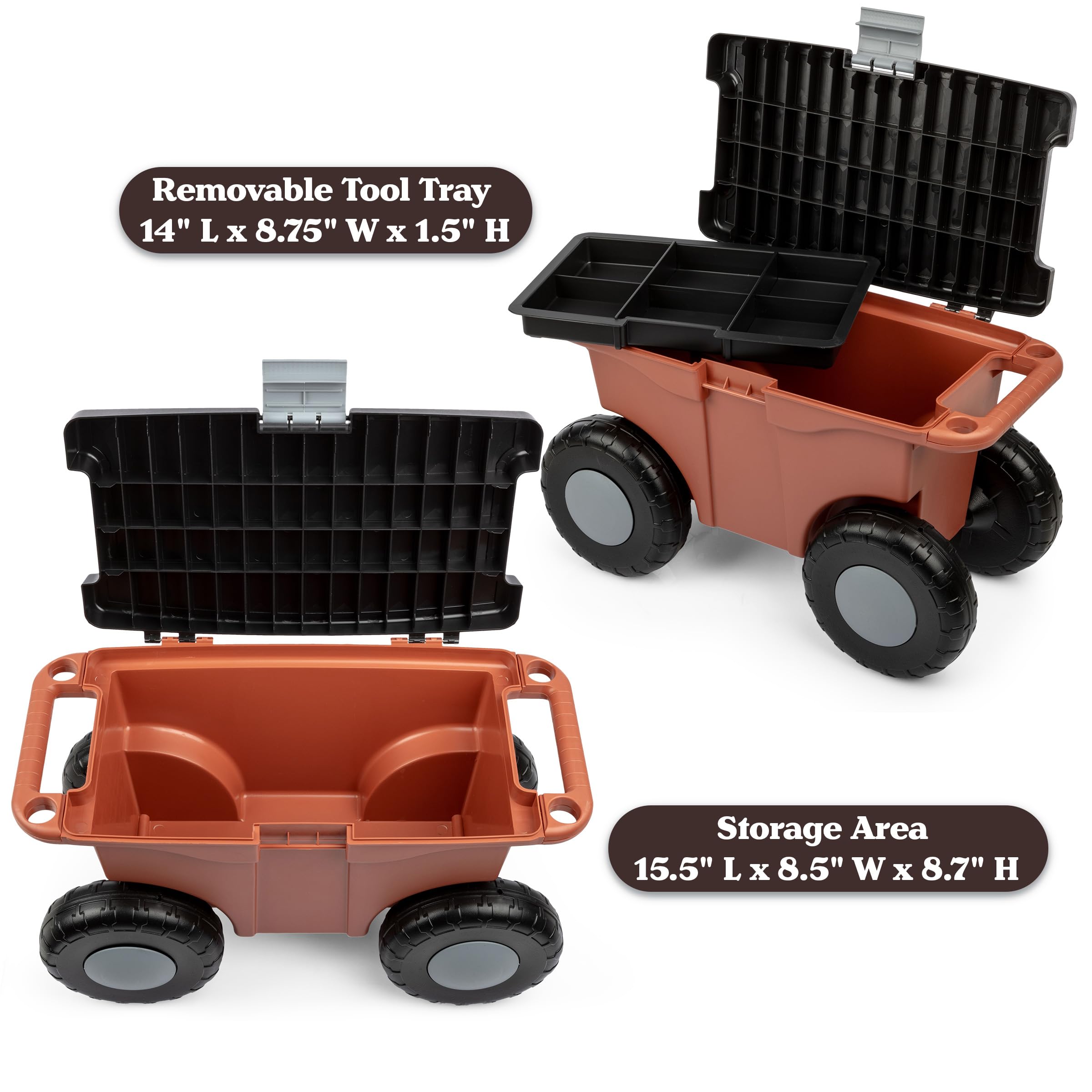 Pure Garden Rolling Garden Cart with Seat - Heavy Duty Plastic Storage Bench with Tool Tray - Gardening Stool for Weeding, Planting & Outdoor Work (Terracotta) - Perfect for Backyard, Patio & Greenhouse Use