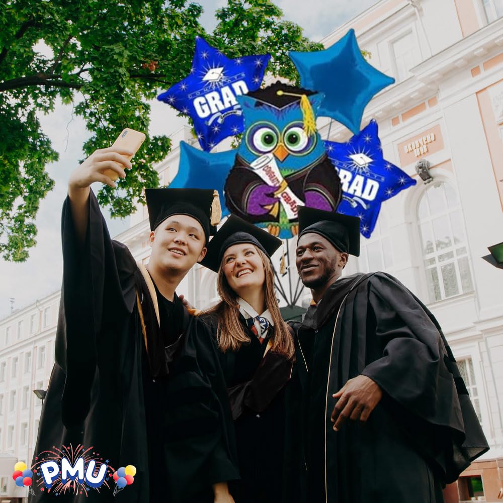 PMU Congrats Grad Balloon Bouquet - Graduation Decoration Mylar Balloons Set of 5 | Celebrate Success with Vibrant Blue 'Wise Owl Grad' Balloons | Perfect for Graduation Parties, School Events & Photo Backdrops
