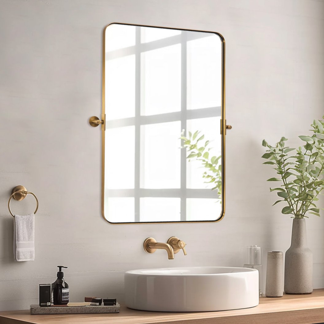 Modern Gold Tilting Rectangle Pivot Mirror - Stainless Steel Frame Bathroom Wall Mirror for Vanity, Makeup & Home Decor - Perfect for Small Spaces & Modern Interiors