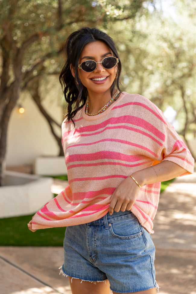 Beside Me Coral & Pink Striped Short Sleeve Sweater for Women | Soft Knit Pullover | Casual Spring Summer Top | Perfect for Beach Outings & Weekend Brunch