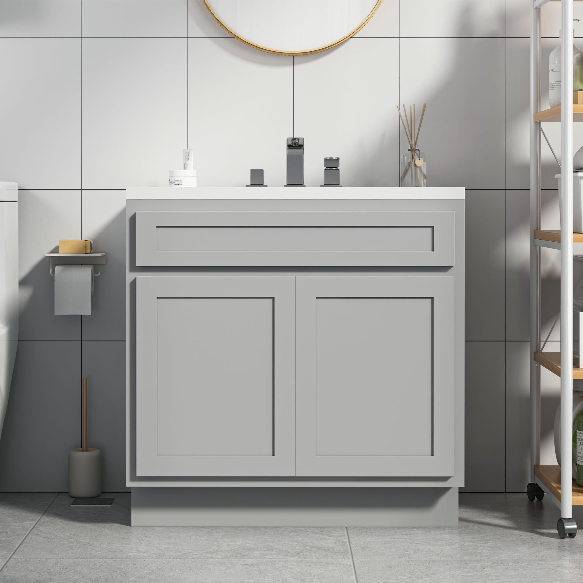 Vanity Art 30 Inch Double Shutter Door Bathroom Vanity Base Cabinet with Soft Closing Shaker Drawer - Sturdy Floor Mount Storage Organizer for Bathroom, Bedroom, Living Room & Kitchen (VA4030G) - Perfect for Small Space Organization and Modern Home Decor