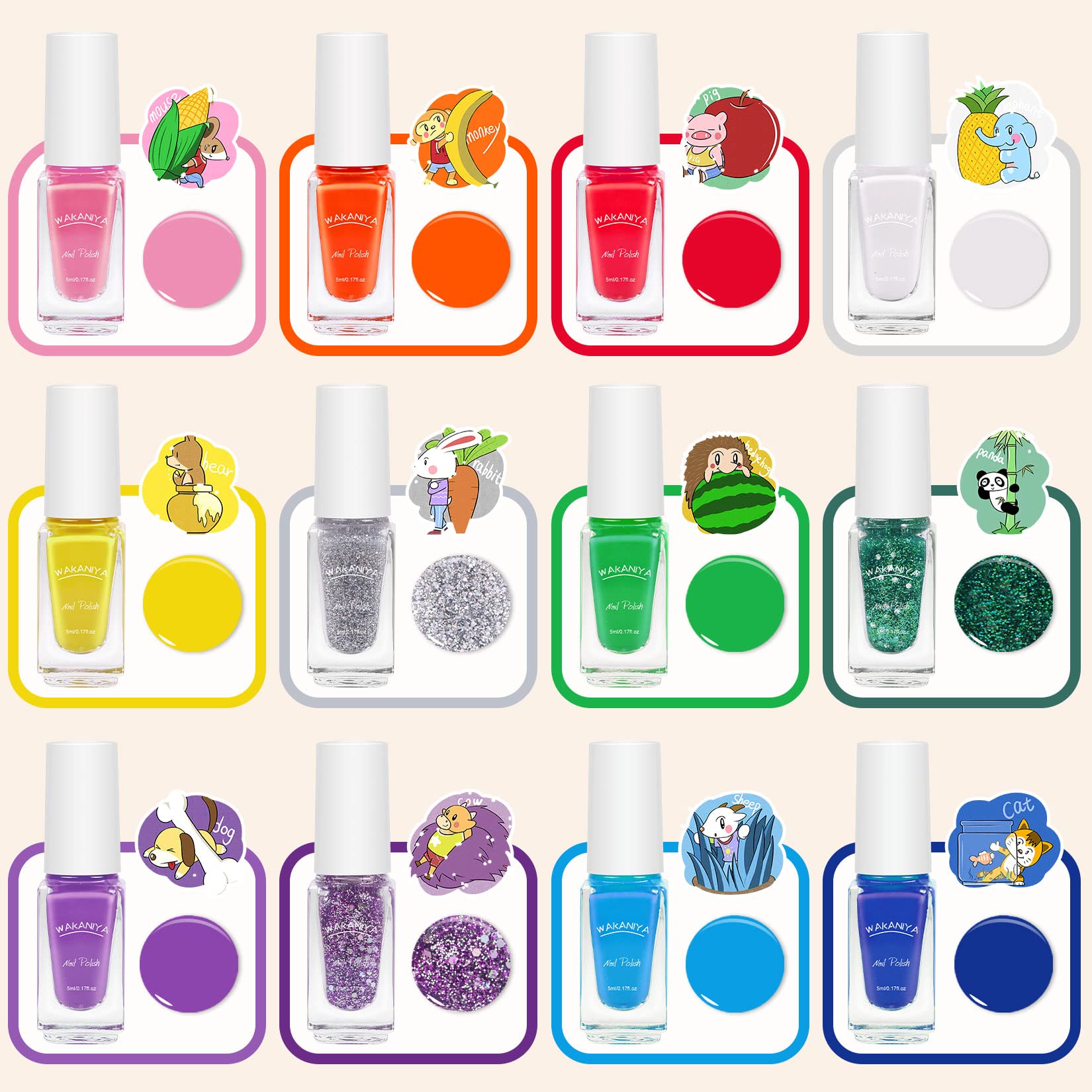 Non-Toxic Water-Based Kids Nail Polish Set - 12 Rainbow Colors with Fun Nail Stickers, Safe Peel-Off Polish for Girls Ages 3+ | Perfect for Birthday Parties, Playdates & Creative Play