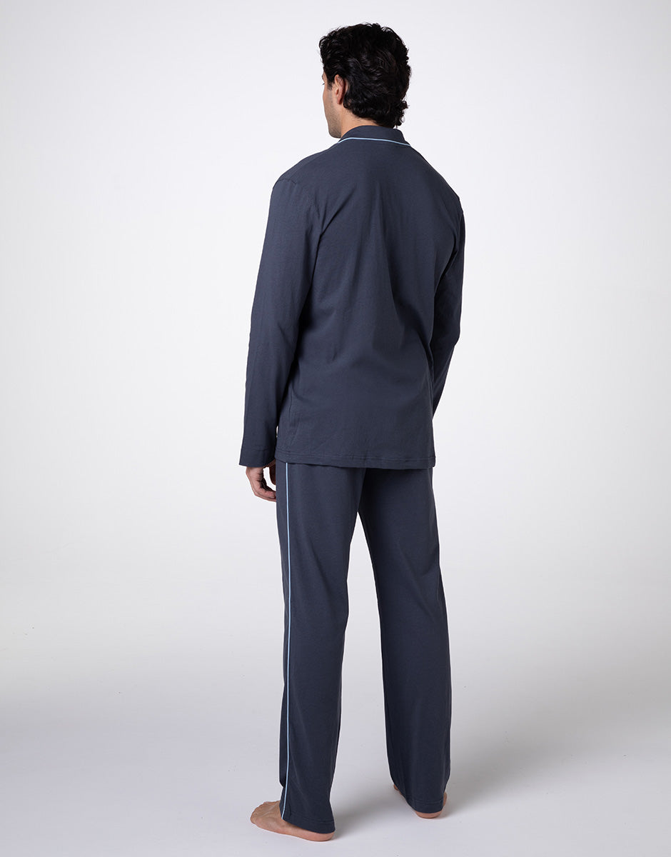 Unisex Slate Cotton Jersey Long Open Front Pajamas - Cozy Loungewear for Relaxing at Home or Sleeping Comfortably