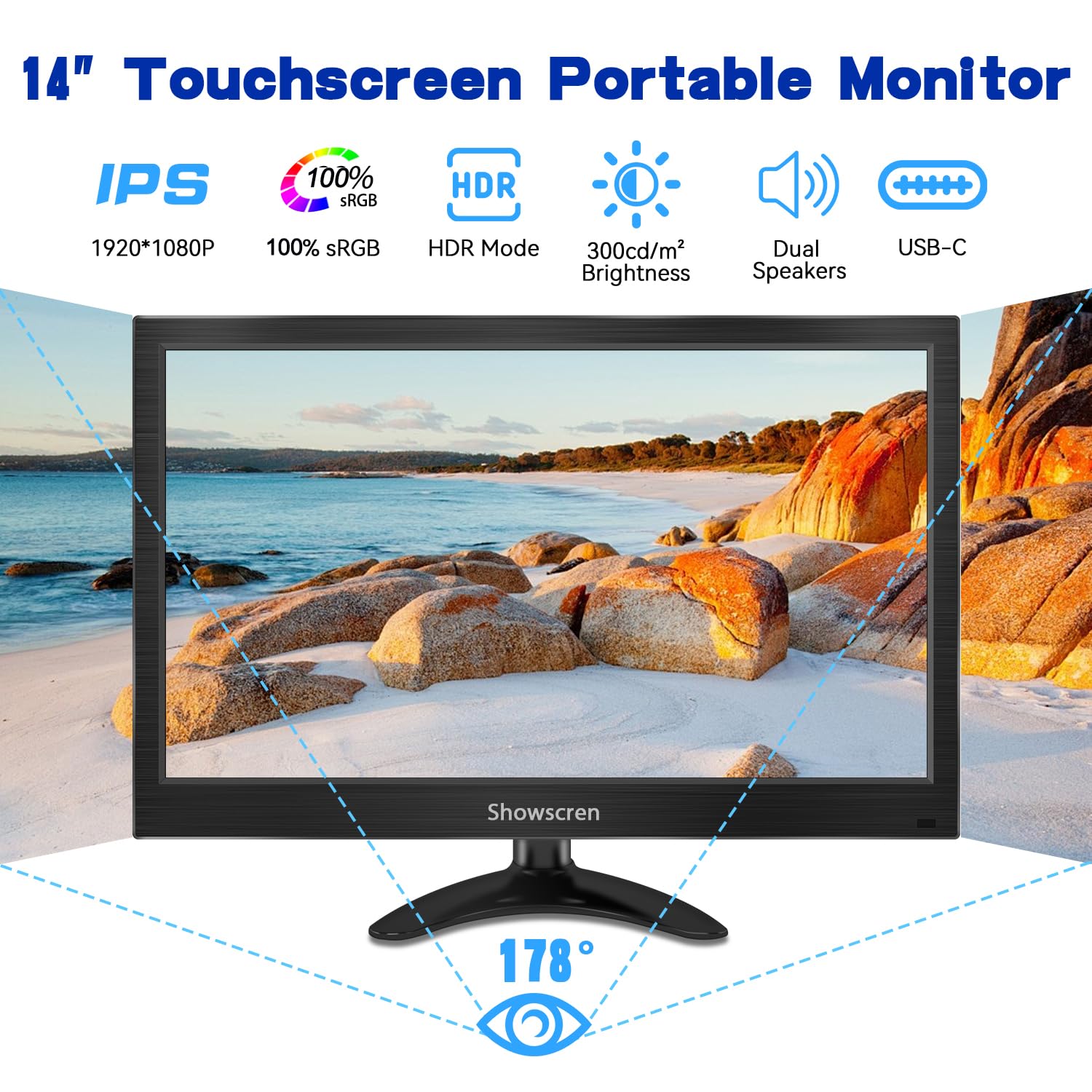 14 Inch Portable Touchscreen Monitor - FHD 1080P HDR Display, 100% sRGB, HDMI/USB-C Connectivity, Built-in Speakers & Adjustable Stand | Perfect for Remote Work, Gaming, and Mobile Office with PC/Laptop/Smartphone